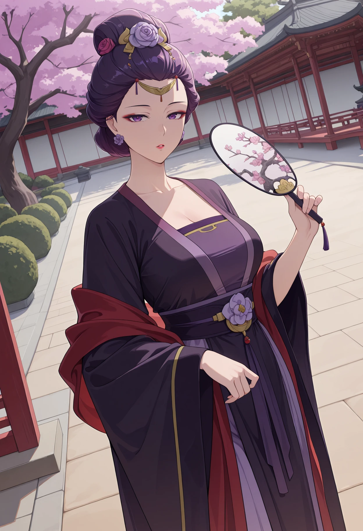masterpiece, best quality, amazing quality, 1girl,
<lora:Anshi_The_Apothecary_Diaries_IL_V1:1>, KJOanshi, purple hair, purple eyes, hair bun, forehead, makeup, hair ornament, pink hair rose,
Dark Purple hanfu, black robe, red shawl, flower earrings,
Holding fan, expressionless, looking at viewer, parted lips, standing, fanning self,
garden, sand, east asian architecture, outdoors, cherry blossoms, tree, dutch angle,
medium Breasts, mature female,