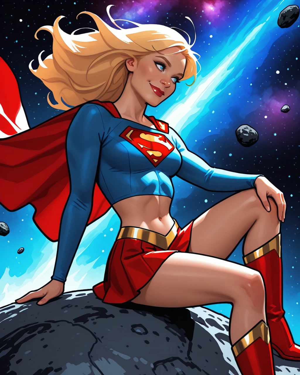 masterpiece, best quality, absurdres, perfect quality, absolutely eye-catching, <lora:AdamHughesIllus:1> ahstyle <lora:Supergirl_Kara_In-Ze:0.3> supergirl, Outfit2, 1girl, blonde hair, blue eyes, long hair, blue long sleeved crop top, red miniskirt, red cape, small breasts, red boots, lipstick, space, sitting, asteroid, smile, looking away, head tilt, medium breasts, midriff, floating hair, head tilt, one hand on knee,