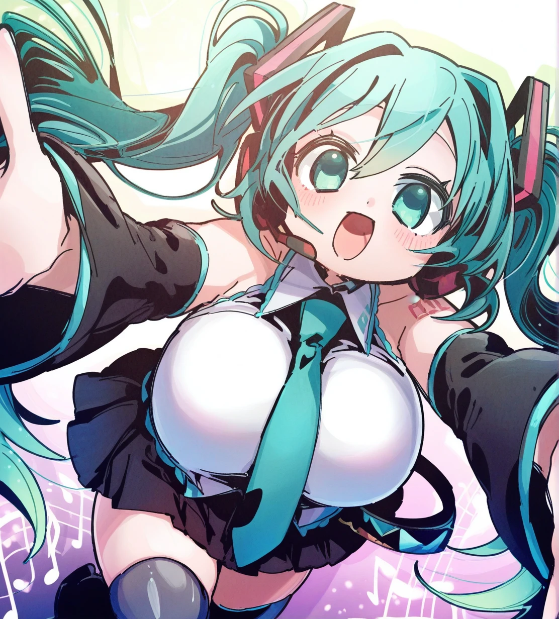 <lora:ãã¾ã¡ã2doQ8:1.3>,
1girl, hatsune miku, wild hips, huge breasts, close-up, vocaloid, :d, beamed eighth notes, black skirt, blush, boots, collared shirt, detached sleeves, dutch angle, eighth note, green eyes, green hair, green necktie, grey footwear, grey sleeves, grey thighhighs, hair between eyes, hair ornament, headphones, headset, long hair, long sleeves, looking at viewer, musical note, necktie, open mouth, outstretched arms, pleated skirt, quarter note, shirt, sidelocks, skirt, sleeveless, sleeveless shirt, smile, solo, standing, standing on one leg, thigh boots, thighhighs, twintails, very long hair, white shirt,
dynamic pose,very awa, masterpiece, best quality, highres, absurdes,amazing quality,very aesthetic,intricate details,scenery,