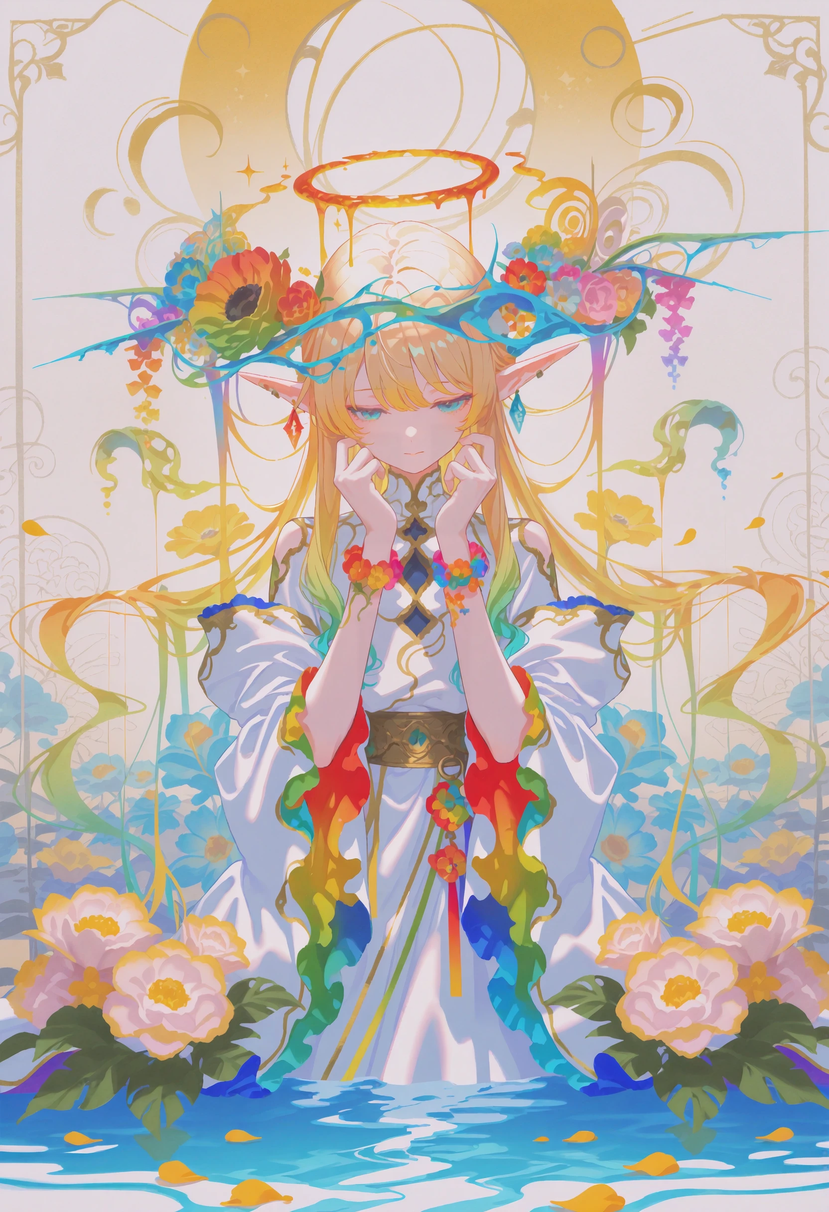 (masterpiece, gradient, recent, good_quality, high_quality, newest, very aesthetic, vibrant_background, abstract_background, colorful, surreal, anime_coloring:1, vectortrace:1, flat_colors:1)
(BV-Illu, 1girl, long_hair, blonde_hair, flower, flower_bracelet, elf_ears, halo, hair_ornament, earrings, colorful, gradient_hair, looking_down, multicolored, petals, floral_background, water, surreal, fantasy, ornate_costume, detailed_background, hands_up, soft_lighting, watercolor_(style), wide_sleeves)
