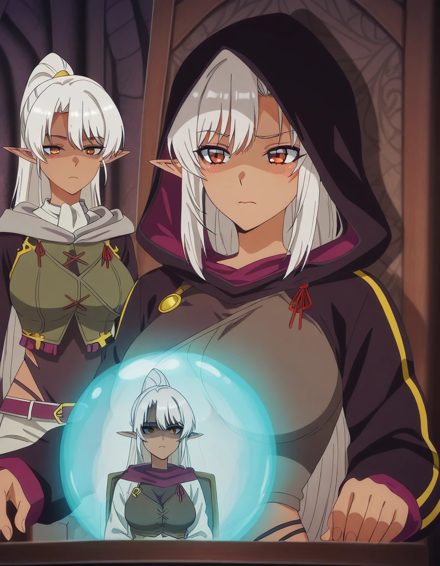 masterpiece, best quality, amazing quality,, <lora:silk-amberwood-s1-illustriousxl-lora-nochekaiser:1>, silk amberwood, long hair, ponytail, white hair, grey hair, pointy ears, dark skin, dark-skinned female, elf, dark elf, mature female, breasts, anime screencap,, <lora:pondering-my-orb-illustriousxl-lora-nochekaiser:1>, pondering my orb, sitting, closed mouth, chair, shaded face, hood up,