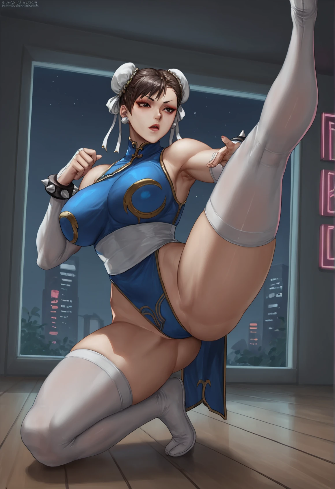 score_9,score_8,score_7_up ,focus on crotch, 1girl, chun li, makeup, jewelry, huge breasts, translucent leotard, elbow gloves, thighhighs, leg apart, hero pose, night, neon lights, intricate details, futuristic room, 3ll3c1el3ud, <lora:ELLECIEL.euD_STyle:0.81>