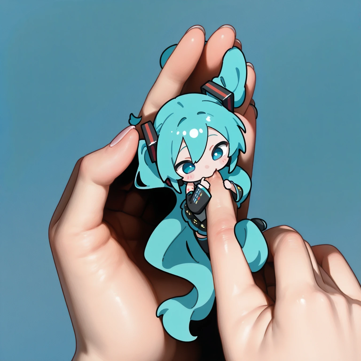 (2024, very aesthetic, newest, best quality, masterpiece),  hatsune miku, 1girl, human, chibi, blue eyes, blue hair, hatsune miku costume, cute pose, holding small creature, biting finger, solo, simple background