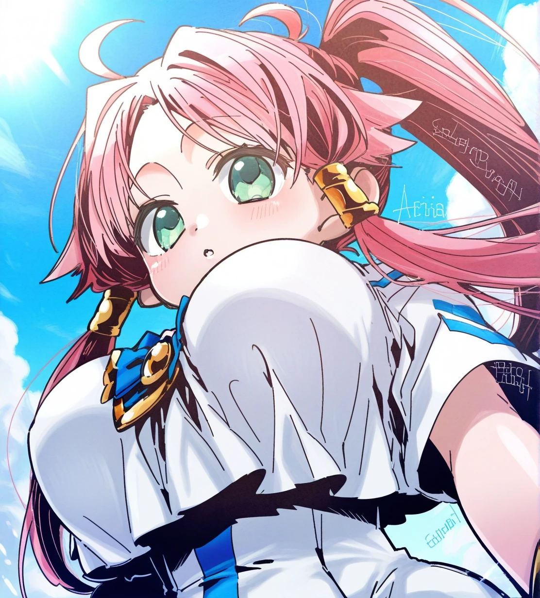 <lora:ãã¾ã¡ã2doQ8:1.3>,
1girl, mizunashi akari, wild hips, huge breasts, close-up, aria (manga), ahoge, aria company uniform, blue bow, blush, bow, breasts, cloud, dated, from below, green eyes, hair tubes, long hair, looking at viewer, parted bangs, pink hair, ponytail, shiny skin, short sleeves, signature, sky, solo, very long hair,
dynamic pose,very awa, masterpiece, best quality, highres, absurdes,amazing quality,very aesthetic,intricate details,scenery,