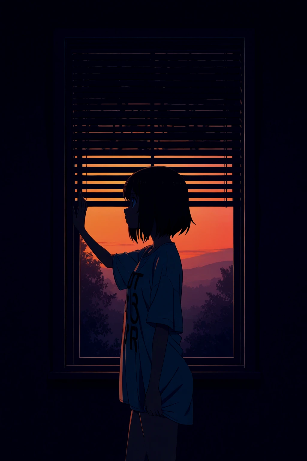 Female, short hair, brunette, oversized tshirt panties, from the side, looking through a window with blinds illuminated by sunset cascading through the blinds, blue eyes, dark bedroom, 2020s anime screenshot, dynamic background, outdoors, (anime coloring)