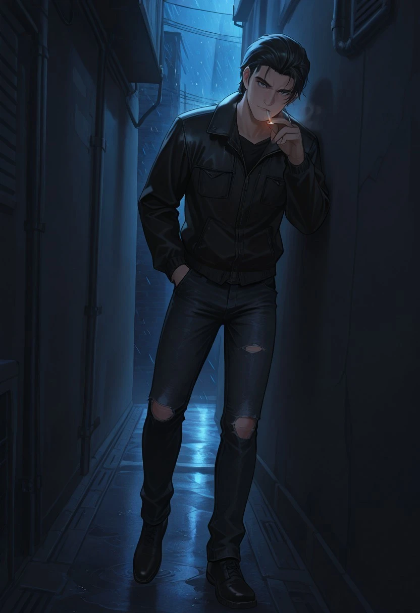 (score_9,score_8_up, score_7_up:1.4), solo, 1 boy, JohnnySlaughter, detailed face, black hair, male focus, front view, looking at viewer, standing in dark alley, leaning against wall, one foot against wall behind him, lighting cigarette, wearing black jacket, wearing dark, ripped jeans, sheltering in alley in rainy weather, falling rain, night, nocturnal, eerie atmosphere