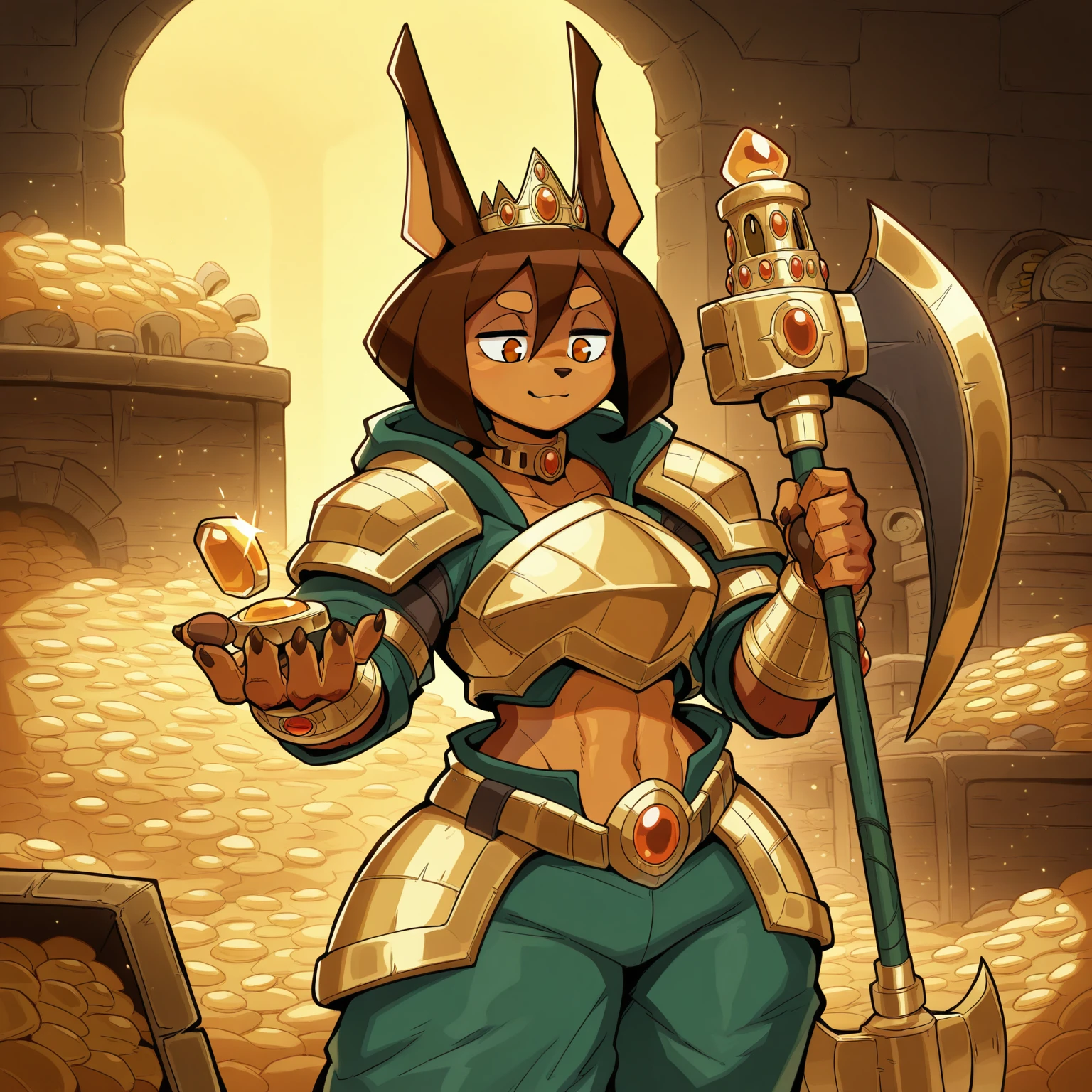 masterpiece, best quality, amazing quality, CeehazChara,1girl,solo,1girl,solo,furry, furry female,rory, dobermann,brown hair,cowboy shot,,inside dungeon,jewelry ,gem, crown, light_smile,dark,darkness,treasure room,midriff, pile of gold,green pants,detailed background, looking down,golden choker,golden armlet,,holding gold axe,holding weapon, gold_armor <lora:Ceehaz_test:1>