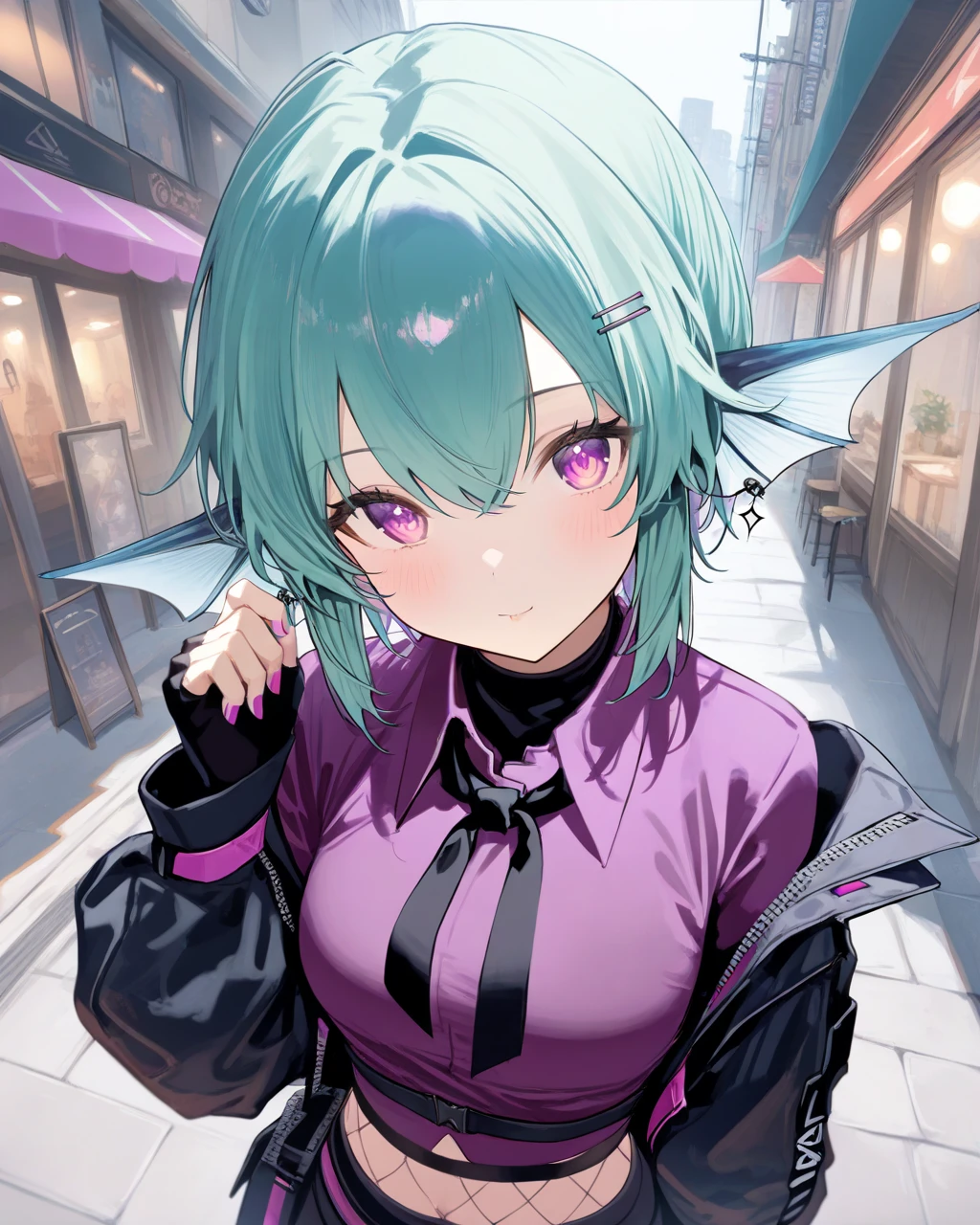 1girl, FinanaRyuguNijisanji,
safe, solo, perspective, dutch angle, upper body,
dating, short hair, purple_eyes,
black jacket,
purple shirt, long sleeves,
fingerless gloves,
black undershirt, black neckerchief, croptop, fishnets,
street,
<lora:kp_FinanaRyuguNijisanjiAnimagineXL_v1_1:1.0>,
masterpiece, high score, great score, absurdres