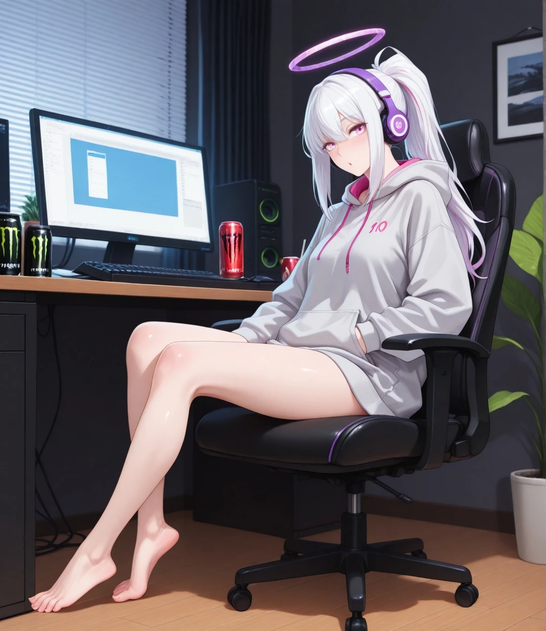(masterpiece, best quality:1.2), amazing quality, very aesthetic, 32k, incredibly_absurdres, extremely_beautiful, (sharp detailed:1.2), (sharp focus), detailed anatomy, correct anatomy, perfect anatomy, extremely detailed eyes, official art, extremely detailed hair, ambient occlusion, highres,
1girl, solo, long hair, looking at viewer, long sleeves, closed mouth, sitting, purple eyes, full body, white hair, ponytail, sidelocks, barefoot, indoors, hood, pink eyes, halo, from side, feet, legs, toes, bare legs, window, hoodie, headphones, chair, hood down, plant, curtains, no pants, microphone, desk, hand in pocket, wooden floor, can, drawstring, potted plant, on chair, computer, white hoodie, monitor, drink can, swivel chair, grey hoodie, keyboard \(computer\), office chair, soda can, mouse \(computer\), window blinds, monster energy, energy drink,
detailed, (nakamura_regura:0.45), (ningen mame:0.45), (laserflip:0.45), (shpo:0.40), (shimhaq:0.5), (k-suwabe:0.6), <lora:aboba_prime_3:1.0> <lora:dkdraven_v8:0.45>