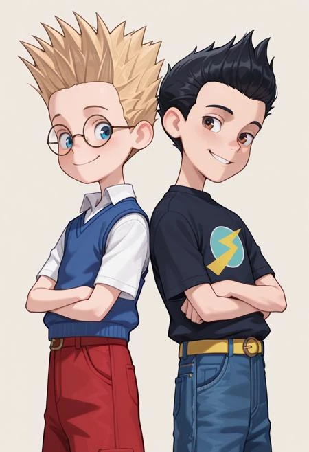 masterpiece, best quality, amazing quality, 2boys, cute boys, duo focus, male focus,
(Lewis, Blonde Hair, Spiked Hair, Blue Eyes, Round Glasses, Blue Vest, White Shirt, Short Sleeves, Red Shorts,)
(Wilbur, Black Hair, Brown Eyes, Black Shirt, Lightning Bolt (Symbol), Yellow Belt, Jeans,)
smiling, arms crossed, back-to-back, simple background