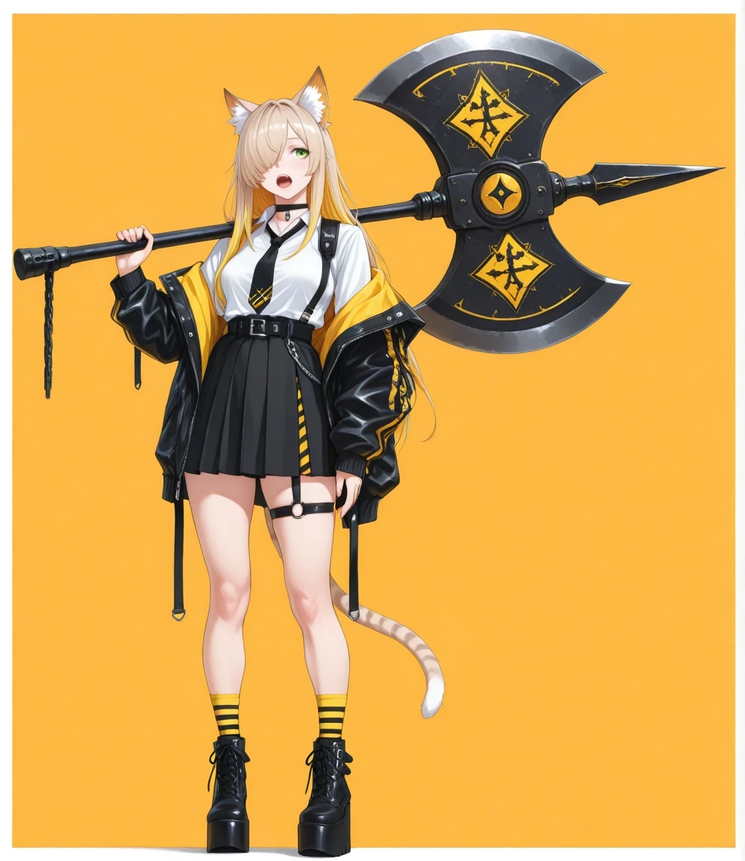 (masterpiece, best quality:1.2), amazing quality, very aesthetic, 32k, incredibly_absurdres, extremely_beautiful, (sharp detailed:1.2), (sharp focus), detailed anatomy, correct anatomy, perfect anatomy, extremely detailed eyes, official art, extremely detailed hair, ambient occlusion, highres,
1girl, solo, long hair, breasts, open mouth, simple background, shirt, skirt, blonde hair, long sleeves, white background, holding, animal ears, standing, jacket, tail, white shirt, full body, green eyes, weapon, pleated skirt, boots, open clothes, teeth, necktie, collared shirt, choker, socks, belt, black skirt, cat ears, black footwear, holding weapon, off shoulder, striped clothes, hair over one eye, open jacket, animal ear fluff, cat tail, thigh strap, border, fangs, chain, light brown hair, cat girl, suspenders, white border, facing viewer, black necktie, yellow background, two-tone background, o-ring, outside border, high-waist skirt, shirt tucked in, orange background, yellow jacket, axe, harness, over shoulder, platform footwear, huge weapon, weapon over shoulder, striped socks, holding axe, yellow socks,
detailed, (nakamura_regura:0.45), (ningen mame:0.45), (laserflip:0.45), (shpo:0.40), (shimhaq:0.5), (k-suwabe:0.6), <lora:aboba_prime_3:1.0> <lora:dkdraven_v8:0.45>