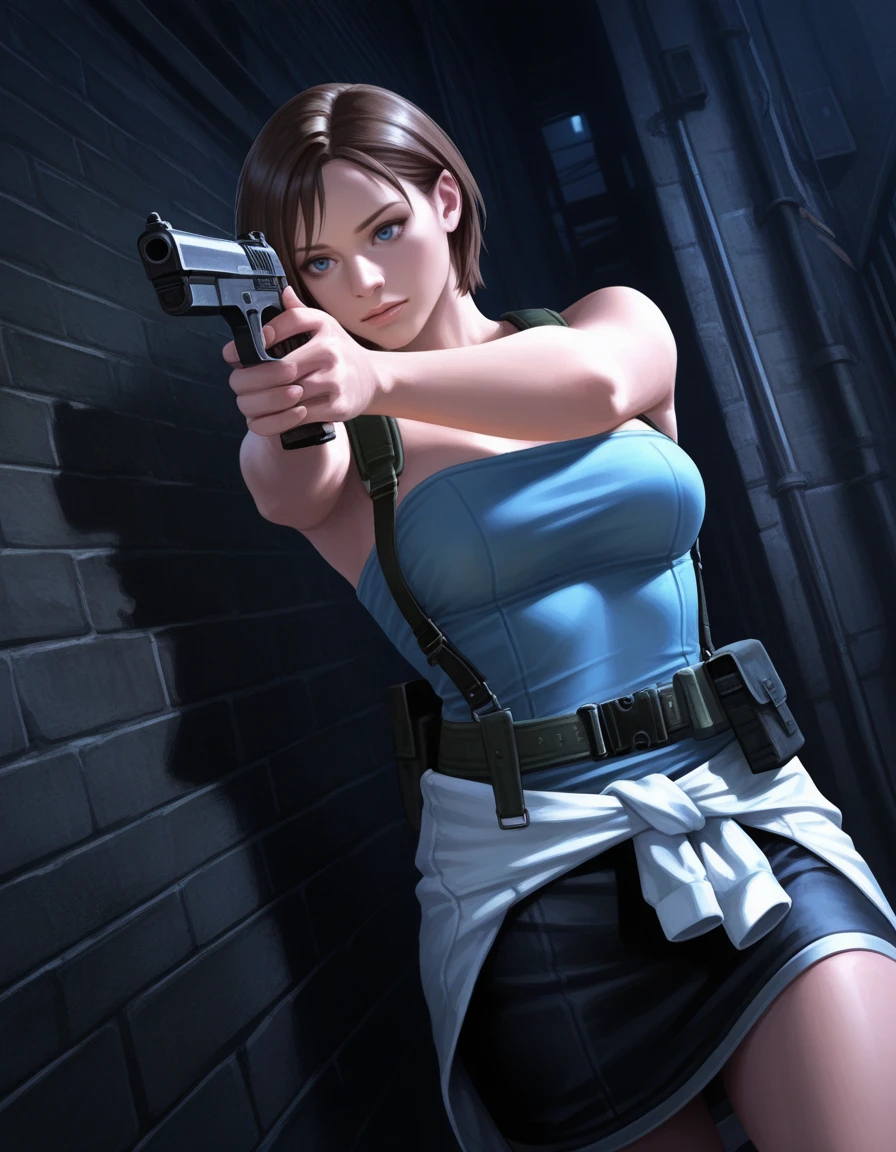 <lora:IL_RE3Jill_t3-60-64:1>,, jill valentine, 1girl,short hair, brown hair,, blue eyes,,breasts, tube top, skirt, clothes around waist, mature, suspenders, utility belt
, alley, night, wall
, aiming with gun, holding handgun, dynamic angle
,[3d::0.20], masterpiece, realistic, [watercolor \(medium\):0.6], [painting \(medium\):0.01],
