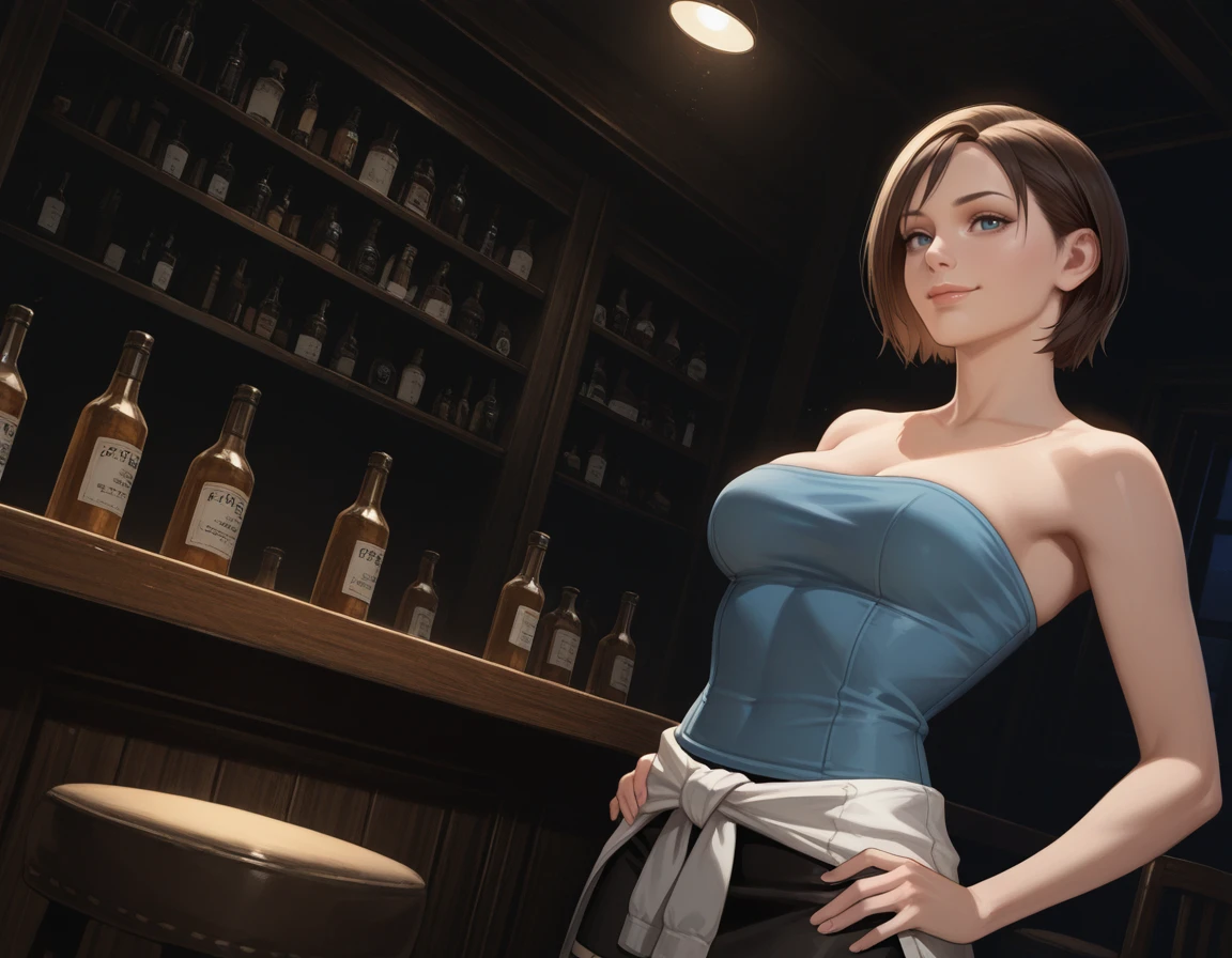 <lora:IL_RE3Jill_t3-60-64:1>,, jill valentine, 1girl, short hair, brown hair, blue eyes, breasts, tube top, bare shoulders, skirt, clothes around waist, mature, clothed, , seductive pose, hands on hips, dynamic angle, from below, night, darkness, dark, indoors, bar, chair, bottles, counter, solo, smile
,[3d::0.20], masterpiece, realistic, [watercolor \(medium\):0.6], [painting \(medium\):0.01],