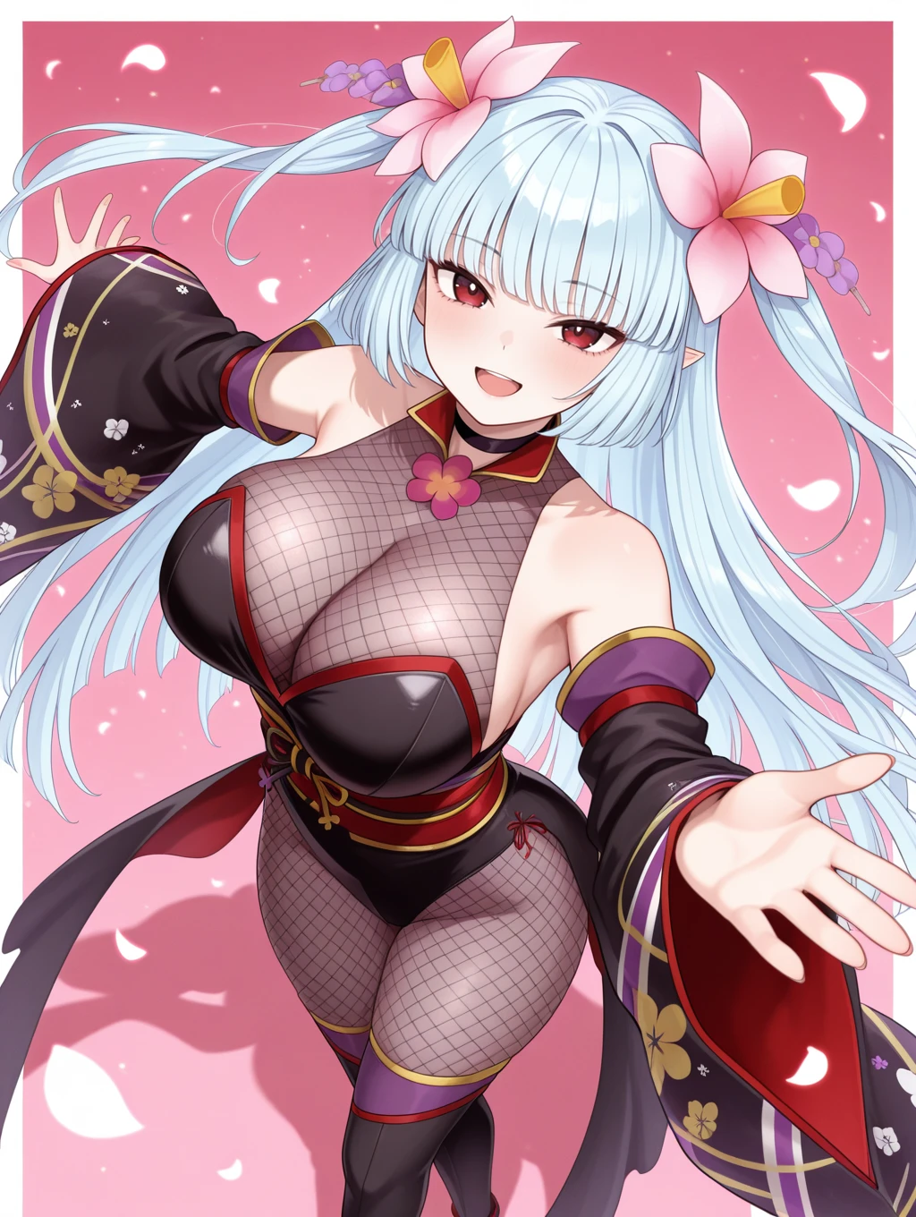 ninja, meika etraynze the shadow flower venus, 1girl, solo, large breasts, cleavage, open mouth, from above, open hand, smile, petals, outstretched hand, looking at viewer, fishnet bodysuit, pink hair flower, black detached sleeves, black kimono, red sash, black thighhighs, white border, pink background,
masterpiece,best quality,amazing quality,very aesthetic,absurdres,newest,<lora:Meika Etraynze the Shadow Flower Venus illuXL v1:0.76>,