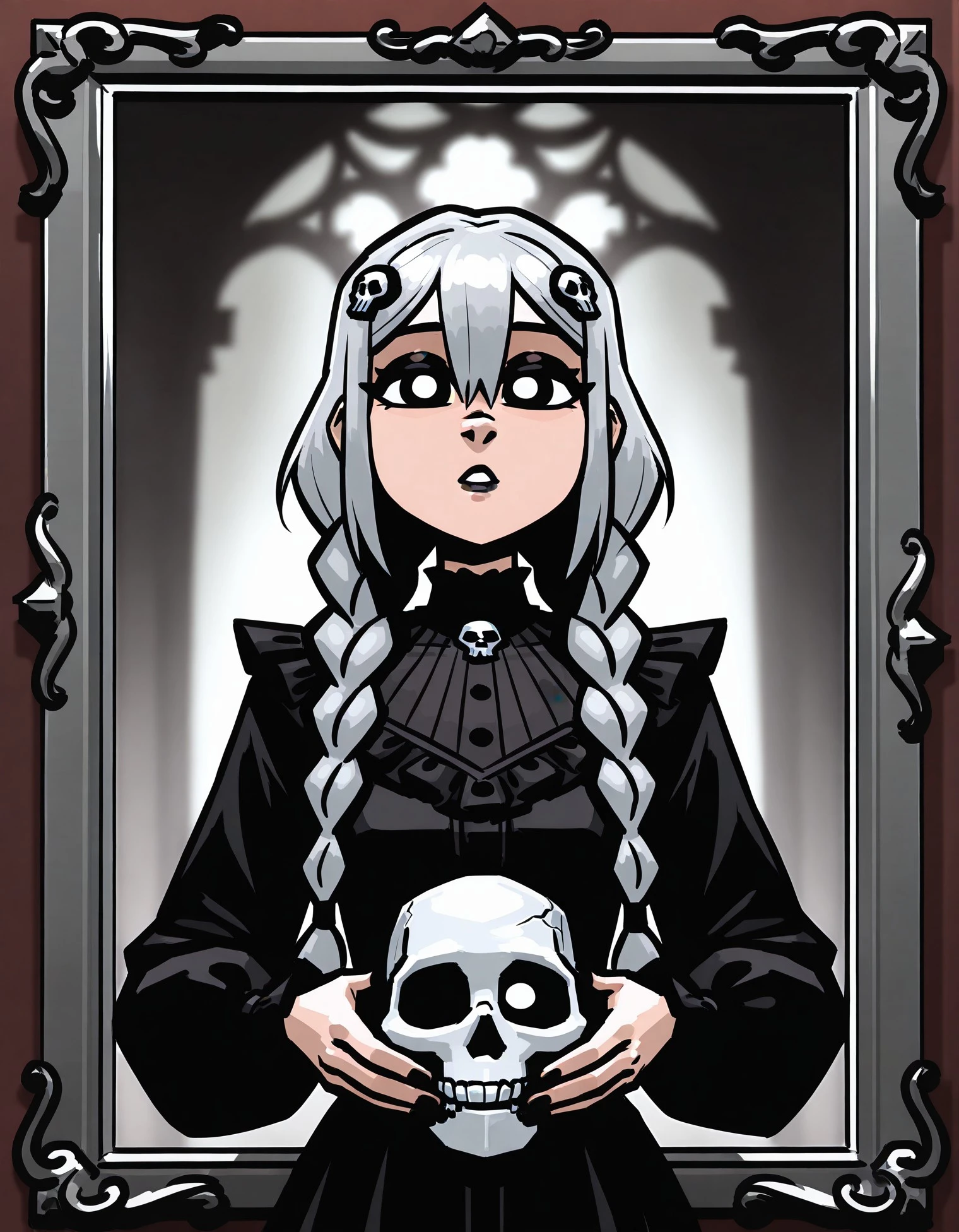 masterpiece, best quality, amazing quality, very aesthetic, absurdres, newest, 1girl, solo, braid, skull, holding, hair_ornament, looking_at_viewer, holding_skull, frills, framed, hair_between_eyes, hairclip, parted_lips, grey_hair, long_hair, upper_body, black_nails, dress, twin_braids, detailed background, [detailed face], [detailed eyes], P8nk_sty, <lora:f5c24881-7423-45d3-a32d-3ac3fb1f106c:0.9>