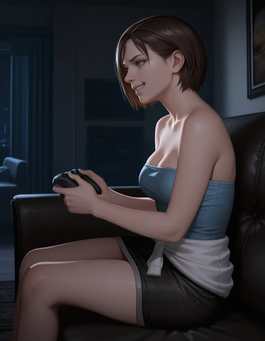 <lora:IL_RE3Jill_t3-60-64:1>,, jill valentine, 1girl,short hair, brown hair,, blue eyes,,breasts, tube top, skirt, sitting
, , holding controller, clenched teeth, excited, from side, smirk, living room, couch, night, darkness, dark, indoors, bedroom, solo, looking away
,[3d::0.20], masterpiece, realistic, [watercolor \(medium\):0.6], [painting \(medium\):0.01],