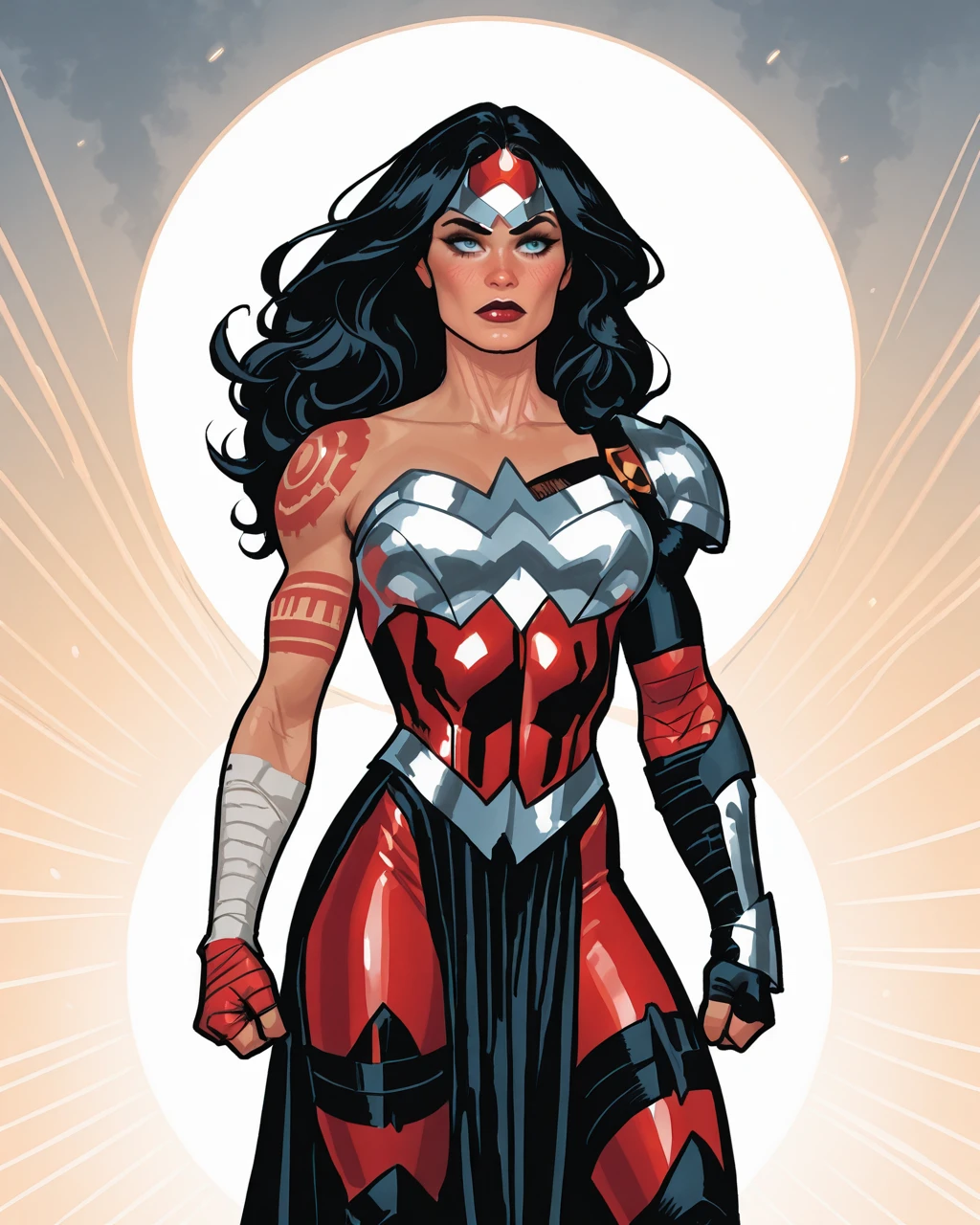 masterpiece, best quality, absurdres, perfect quality, absolutely eye-catching,  <lora:AdamHughesIllus:1> ahstyle     <lora:absolutewwill:1> 1woman, silver headband,long hair, black hair, blue eyes, red lips, shoulder tattoo, red bodysuit, strapless bodysuit, gauntlets, bandage, black skirt, side slit, long skirt,silver armor on chest, single shoulder armor, fingerless gloves, red gloves