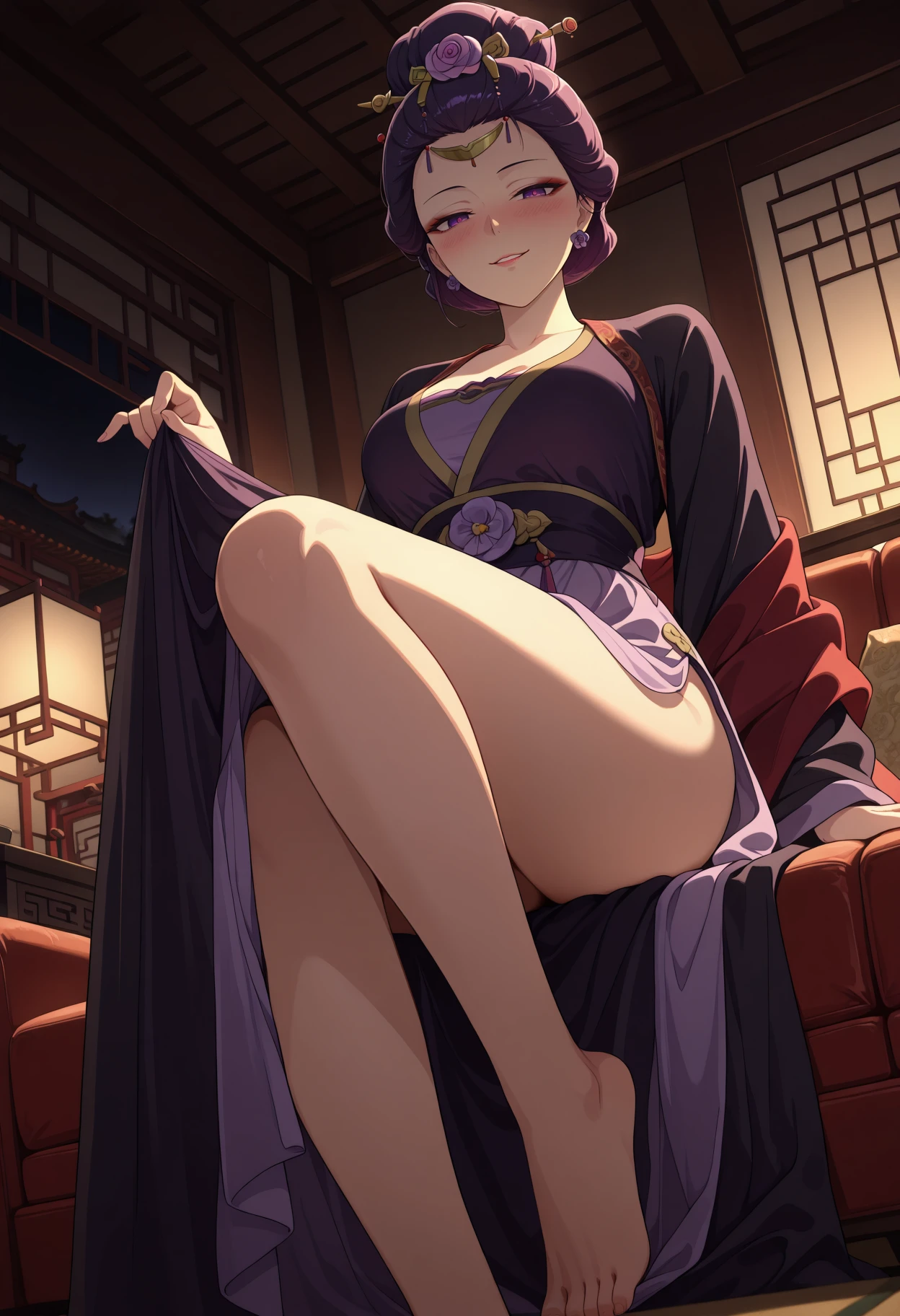 masterpiece, best quality, amazing quality, 1girl,
<lora:Anshi_The_Apothecary_Diaries_IL_V1:1>, KJOanshi, purple hair, purple eyes, hair bun, forehead, makeup, hair ornament, pink hair rose,
Dark Purple hanfu, black robe, red shawl, flower earrings, barefoot,
from below, pulling up dress, smirk, looking at viewer, blush, parted lips, sitting on couch, lifting dress, skirt lift,
night, east asian architecture, indoors, living room, dark, couch,
medium Breasts, mature female,