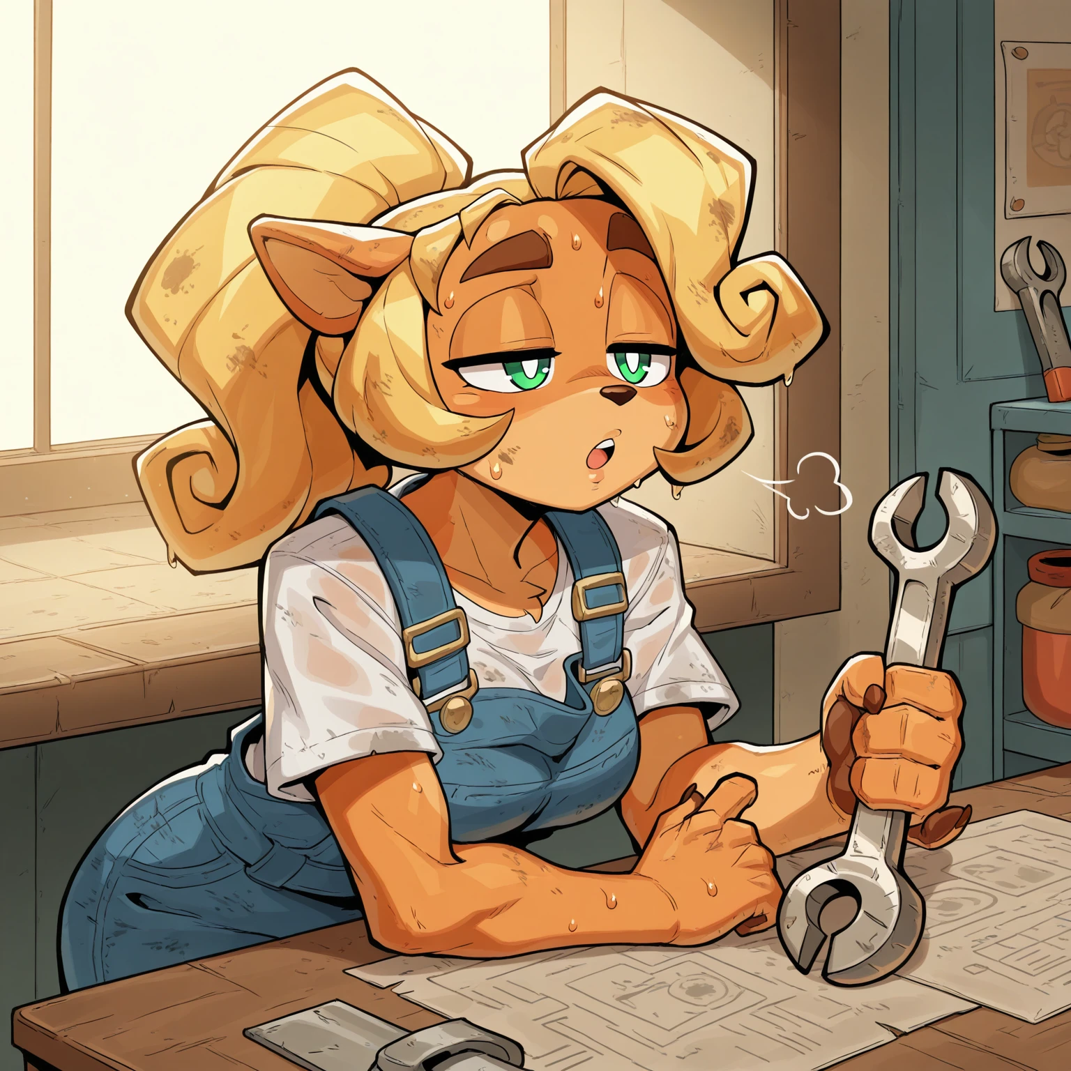 masterpiece, best quality, amazing quality, CeehazChara,1girl,solo,furry, furry female,coco bandicoot, dirty face,dirty hair, dirty clothes, white shirt, overalls, inside workshop,ponytail,detailed background,holding one wrench,sweaty,sigh,black pupils,:o,half-closed eyes,one hand on table<lora:Ceehaz_test:1>