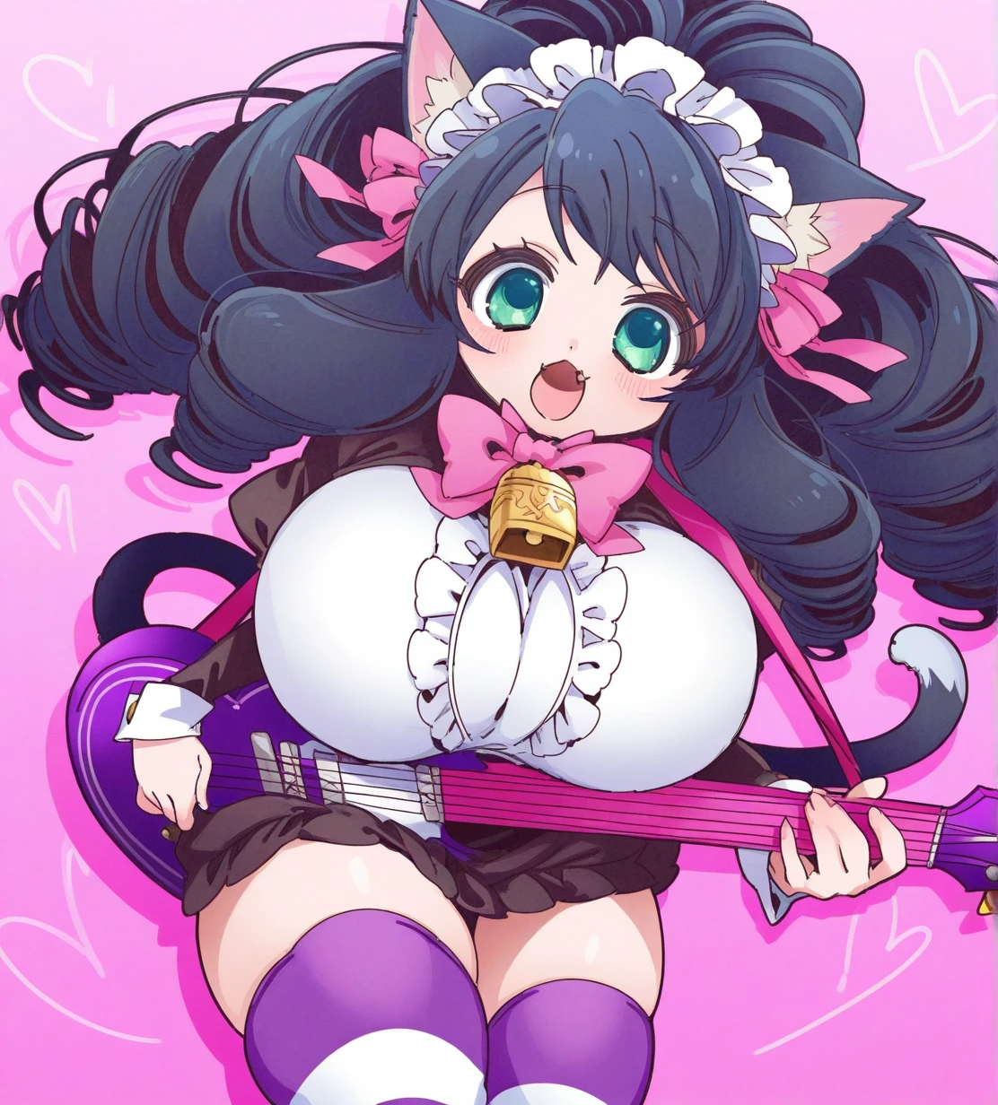<lora:ãã¾ã¡ã2doQ8:1.1>,
1girl, cyan (show by rock!!), wild hips, huge breasts, close-up, show by rock!!, animal ears, bell, black hair, blush, bow, cat ears, cat girl, cat tail, curly hair, fang, green eyes, guitar, heart, instrument, long hair, looking at viewer, maid headdress, open mouth, pink background, ringlets, smile, solo, striped, striped thighhighs, tail, thighhighs, zettai ryouiki,
dynamic pose,very awa, masterpiece, best quality, highres, absurdes,amazing quality,very aesthetic,intricate details,scenery,