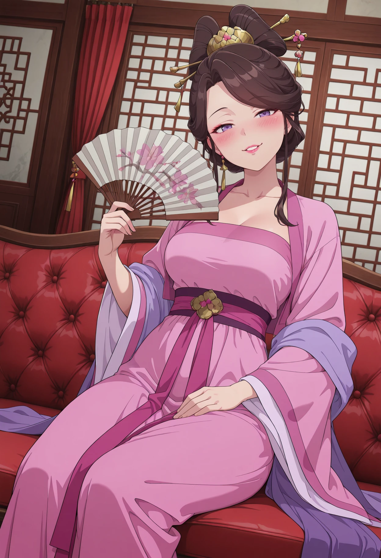 masterpiece, best quality, amazing quality, 1girl,
<lora:Anshis_sister_The_Apothecary_Diaries_IL_V1:1>, KJOasis, brown hair, purple eyes, half updo, double hair bun, hair ornament, swept bangs, lipstick, hair stick,
Pink hanfu, purple shawl, wide sleeves,
sitting, holding fan, smug, parted lips, blush, head tilt, looking at viewer,
east asian architecture, indoors, couch, curtains, dutch angle,
medium Breasts, mature female,