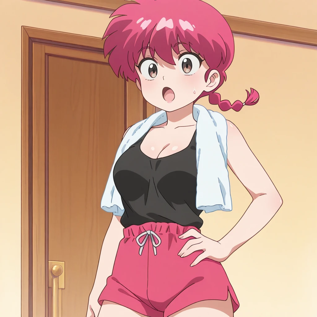 score_9, score_8_up, score_7_up, source_anime, anime screencap, ultra detailed, skin_detail, lustrous_skin,
Ranchanv1, 1girl, solo, open mouth, shirt, hat, cleavage, medium breasts, pink hair, braid, red hair, shorts, hand on hip, single braid, tank top, towel, braided ponytail, towel around neck