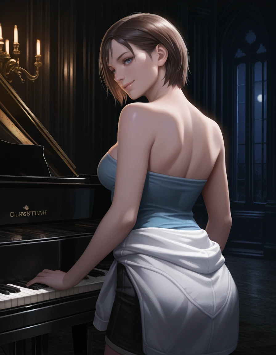 <lora:IL_RE3Jill_t3-60-64:1>,, jill valentine, 1girl, short hair, brown hair, blue eyes, breasts, tube top, bare shoulders, skirt, clothes around waist,mature, clothed, smile, , seductive pose, from behind, night, darkness, dark, indoors, mansion, piano, solo
,[3d::0.20], masterpiece, realistic, [watercolor \(medium\):0.6], [painting \(medium\):0.01],