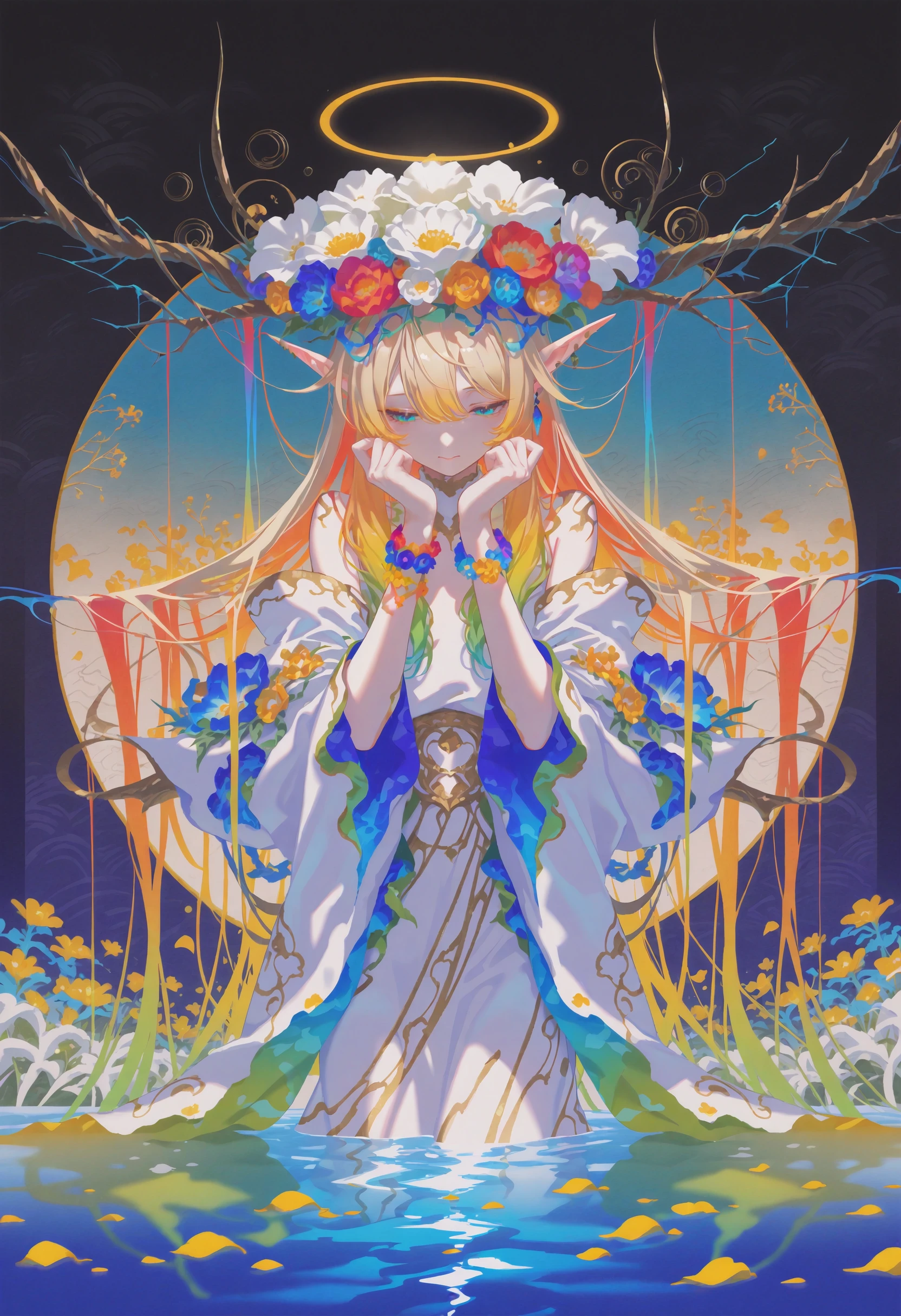 (masterpiece, gradient, recent, good_quality, high_quality, newest, very aesthetic, vibrant_background, abstract_background, colorful, surreal, anime_coloring:1, vectortrace:1, flat_colors:1)
(BV-Illu, 1girl, long_hair, blonde_hair, flower, flower_bracelet, elf_ears, halo, hair_ornament, earrings, colorful, gradient_hair, looking_down, multicolored, petals, floral_background, water, surreal, fantasy, ornate_costume, detailed_background, hands_up, soft_lighting, watercolor_(style), wide_sleeves)