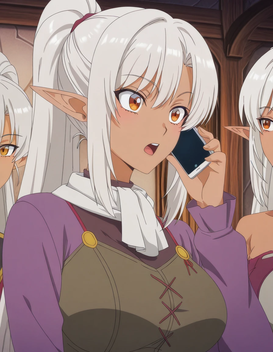 masterpiece, best quality, amazing quality,, <lora:silk-amberwood-s1-illustriousxl-lora-nochekaiser:1>, silk amberwood, long hair, ponytail, white hair, grey hair, pointy ears, dark skin, dark-skinned female, elf, dark elf, mature female, breasts, anime screencap,, <lora:talking-on-phone-illustriousxl-lora-nochekaiser:1>, talking on phone, smartphone, holding, holding phone, open mouth,,