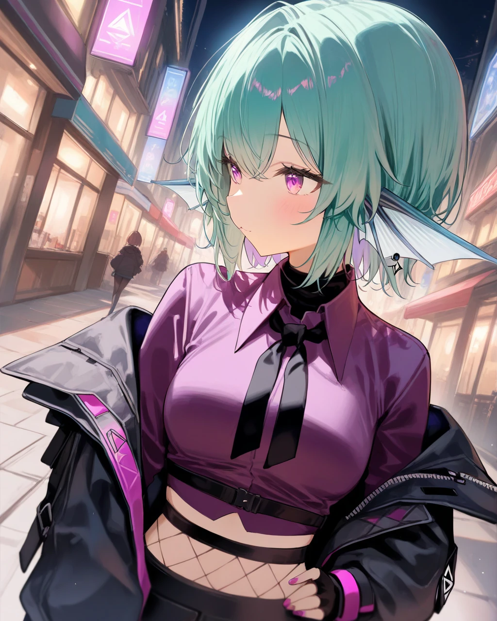 1girl, FinanaRyuguNijisanji,
safe, solo, perspective, dutch angle, upper body,
dating, short hair, purple_eyes,
black jacket,
purple shirt, long sleeves,
fingerless gloves,
black undershirt, black neckerchief, croptop, fishnets,
street,
<lora:kp_FinanaRyuguNijisanjiAnimagineXL_v1_1:1.0>,
masterpiece, high score, great score, absurdres