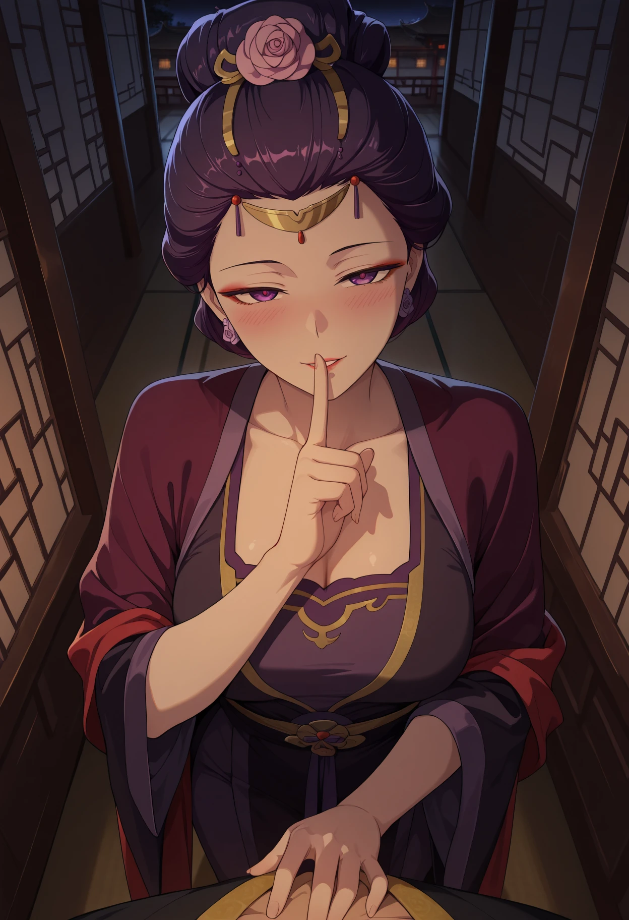 masterpiece, best quality, amazing quality, 1girl,
<lora:Anshi_The_Apothecary_Diaries_IL_V1:1>, KJOanshi, purple hair, purple eyes, hair bun, forehead, makeup, hair ornament, pink hair rose,
Dark Purple hanfu, black robe, red shawl, flower earrings,
pov, from above, hand on chest, shushing, seductive smile, blush, head tilt, standing, parted lips,
night, east asian architecture, indoors, hallway, dark,
medium Breasts, mature female,