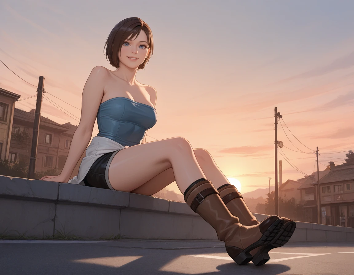<lora:IL_RE3Jill_t3-60-64:1>,, jill valentine, 1girl, short hair, brown hair, blue eyes, breasts, tube top, bare shoulders, skirt, clothes around waist, boots, mature, full body, clothed, smile, , happy, from below, sunrise, golden hour, outdoors, street, solo, sitting, looking at viewer
,[3d::0.20], masterpiece, realistic, [watercolor \(medium\):0.6], [painting \(medium\):0.01],
