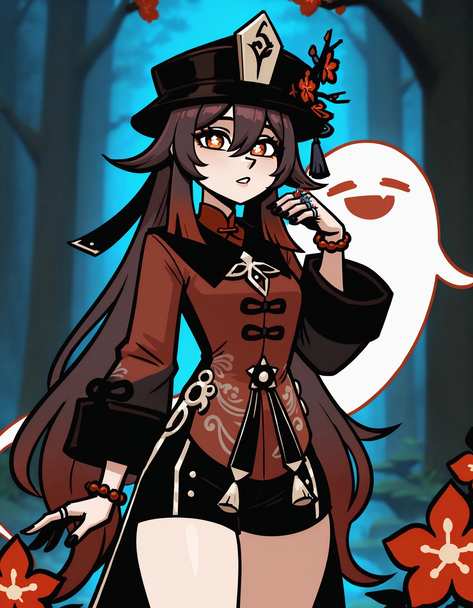masterpiece, best quality, amazing quality, very aesthetic, absurdres, newest, 1girl, hu_tao_(genshin_impact), jewelry, ring, hat, red_eyes, symbol-shaped_pupils, boo_tao_(genshin_impact), ghost, flower, brown_hair, shorts, solo, long_hair, long_sleeves, twintails, looking_at_viewer, flower-shaped_pupils, bracelet, hat_flower, black_shorts, multicolored_hair, black_headwear, multiple_rings, black_nails, gradient_hair, bangs, porkpie_hat, bead_bracelet, beads, cowboy_shot, plum_blossoms, forest, tassel, chinese_clothes, red_hair, hair_between_eyes, shirt, nature, wide_sleeves, red_shirt, hand_up, nail_polish, coat, parted_lips, very_long_hair, sidelocks, red_flower, tree, P8nk_sty, <lora:f5c24881-7423-45d3-a32d-3ac3fb1f106c:0.9>
