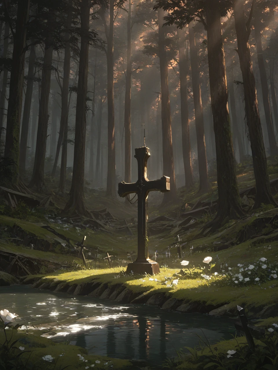 (masterpiece), best quality, absurdres, (Planted Cross, Crosses, Cross, Fantasy Cross, Gold Cross, Black Cross, Crystal), No Humans, Water, (Light Refraction), Sunset Lighting, Forest, Dense Forest, Ruins, Old Ruins, Natural Lighting, sublight, Light Rays, Dark, Shadows, Dark Lighting, Overgrown ruins, (Outdoors, Landscape), Immersive, Rose, White Rose, Cinematic Lighting