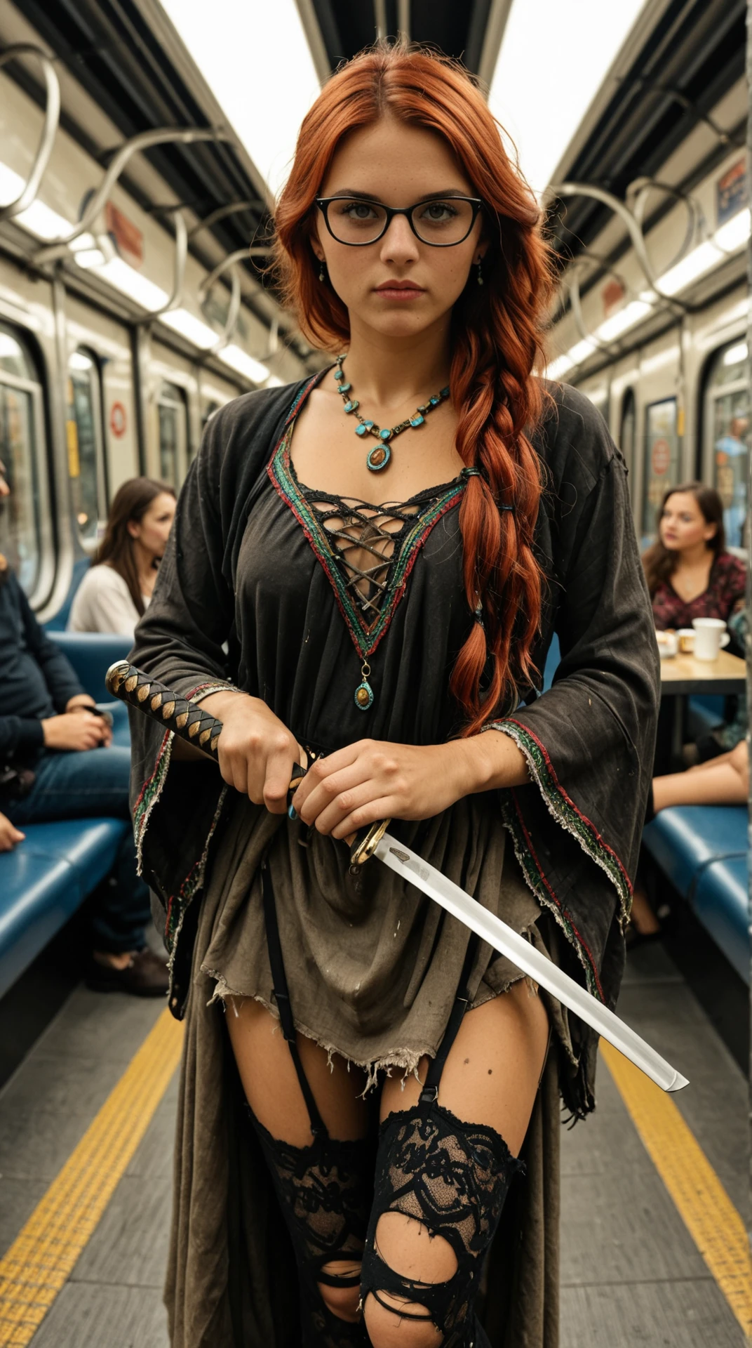 Amateur photo, DCIM, (Flash photography:0.4), candid, unaware, (closeup:1.3) photography of a sexy adult (:1.5) woman, with auburn hair with Pastel Red streaks and a Polished Waves hairstyle, wearing glasses, face focus, Very (close up view:1.3) of a medieval fantasy, (Gypsy woman:1.5), sparse, film still, cinematic, masterpiece, best quality, alone solo woman, clevage, necklace,  jewellery, , wearing lace legwear, torn clothes, makeup, cybervision, she is in a combat stance. {she is holding a katana, combat stance, serious concerned look, dynamic camera angle, smoke and fog. dark theme, dirty, messy. , in a city train station cafÃ©, with the hum of travel in the background