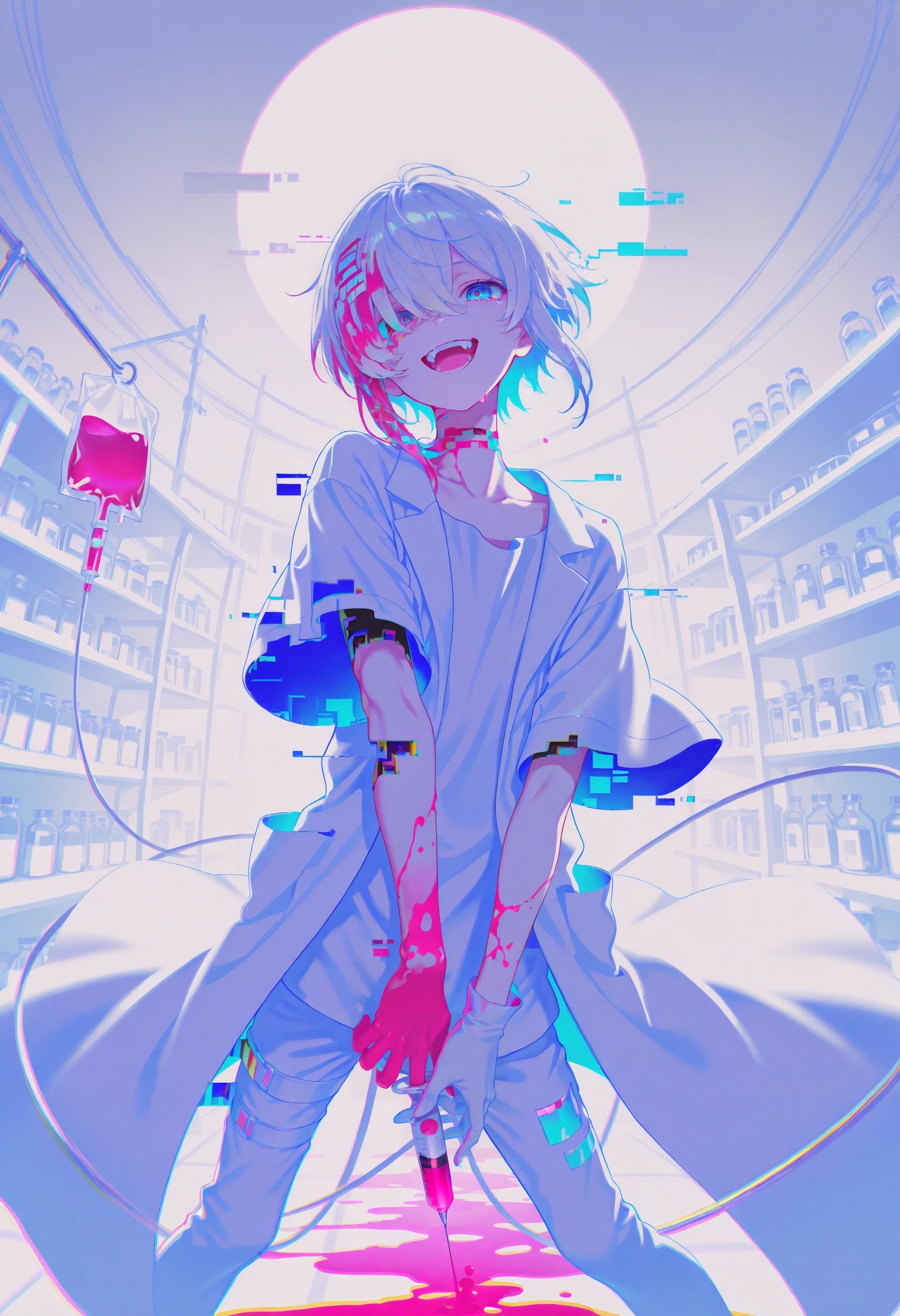 (masterpiece, gradient, recent, good_quality, high_quality, newest, very aesthetic, vibrant_background, abstract_background, colorful, surreal, anime_coloring:1, vectortrace:1, flat_colors:1)
(BV-Illu, (glitch:1.4), holding_syringe), fisheye, foreshortening, two-tone_background, light_theme, white_theme, 1boy, backlighting, blood, blood_in_hair, blood_on_neck, blue_blood, floral_pattern, red_corruption, slime_\(substance\), clenched_hand, blue_eyes, colored_tears, fangs, grin, hair_over_one_eye, hand_up, male_focus, one_eye_covered, open_mouth, pink_blood, shirt, short_hair, rainbow_gradient, neon_green, short_sleeves, lab_coat, blood_on_clothes, white_gloves, medical_instrument, pink blood, ceiling_light, shelf, intravenous_drip, intravenous_bag, liquid, pill_bottle, laboratory, smile, solo, teeth, tongue, white_hair, white_shirt, white_theme)