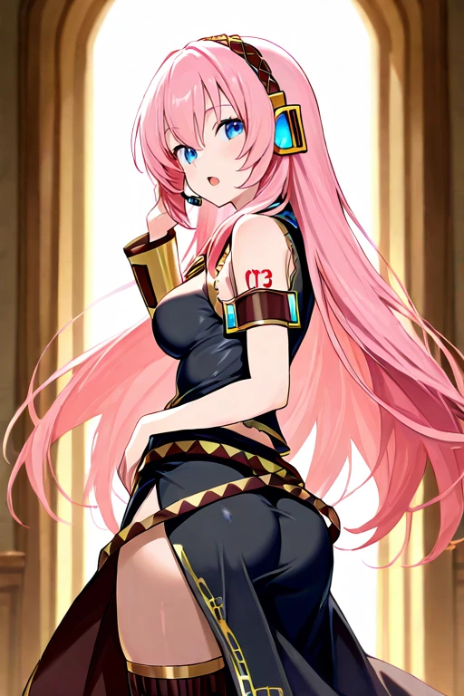 masterpiece, High quality, Ultra detailed, 2d, newest, absurdres, highres, BREAK
1girl, solo, <lora:megurine_luka_r1:0.8>, megurine_luka, long hair, pink hair, hair between eyes, blue eyes, headset, headphones,
medium breasts, luka03def, bare shoulders, black shirt, detached sleeves, Single_armwear, armband, belt, long skirt, black skirt, side slit, black thighhighs,
from behind, open mouth, hand up,