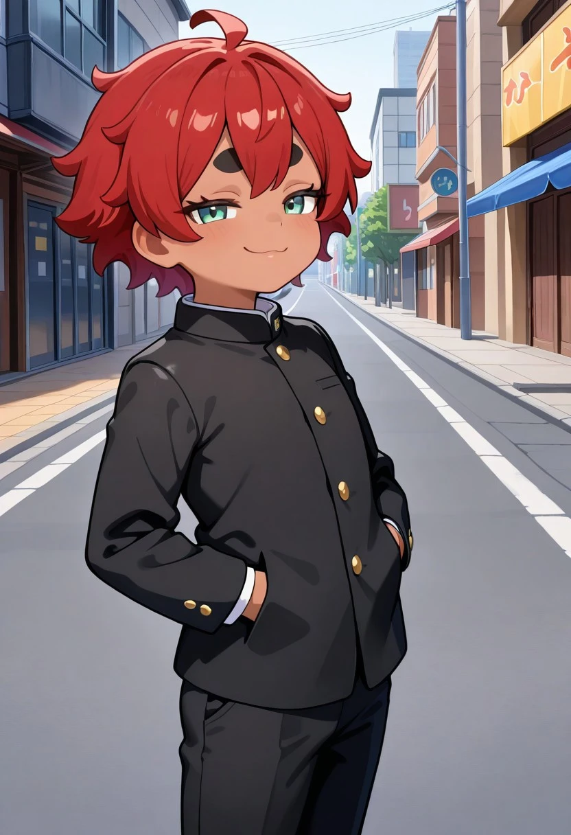 masterpiece, best quality, absurdres, 1girl, solo, female focus, msgwfmes, dark-skinned female, red hair, short hair, thick eyebrows, mismatched eyebrows, short eyebrows, gakuran, black pants, black jacket, white shirt, hands in pockets, smug, looking at viewer, outdoors, street, child