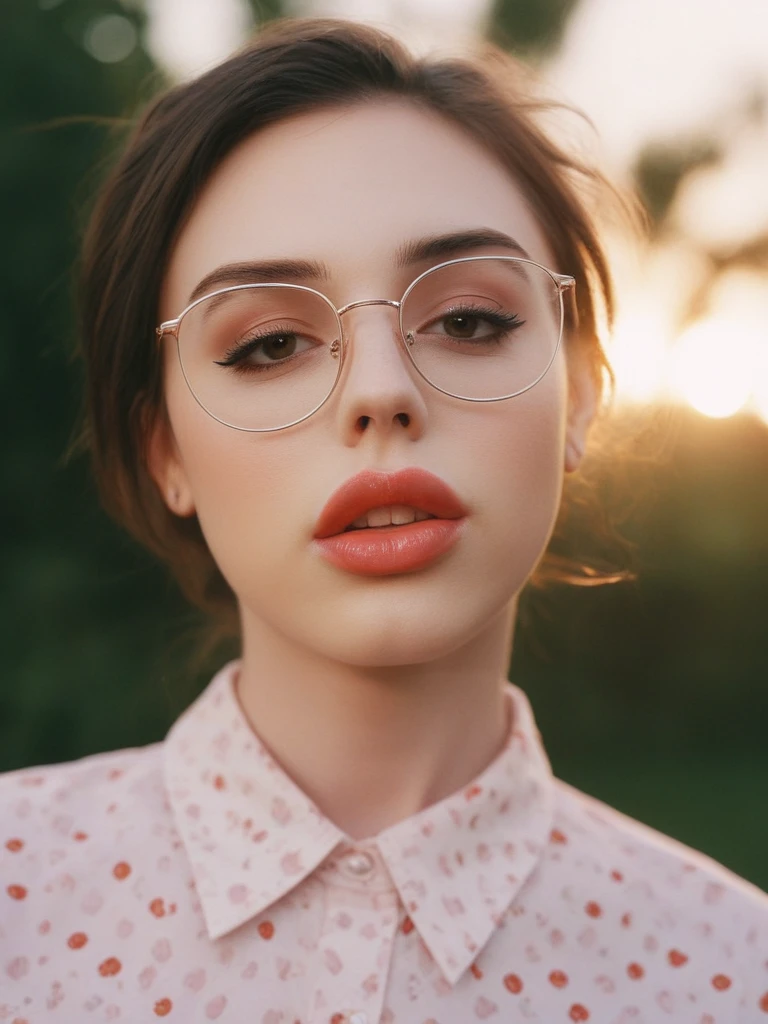 face focused, magic hour, photography, warm light, sunset, movie still, ultra detailed, portrait, Annabell3L4ne , Annabelle Lane, <lora:Annabell3L4ne-sdxl:1>, 1girl, solo, portrait, shiny lipgloss, lips, vintage aesthetic, close-up, glasses, lipstick, (shirt), solo, blush, looking at viewer, bokeh, focus, film, velvia, film grain, best quality, photograph, focus, earrings, garden
