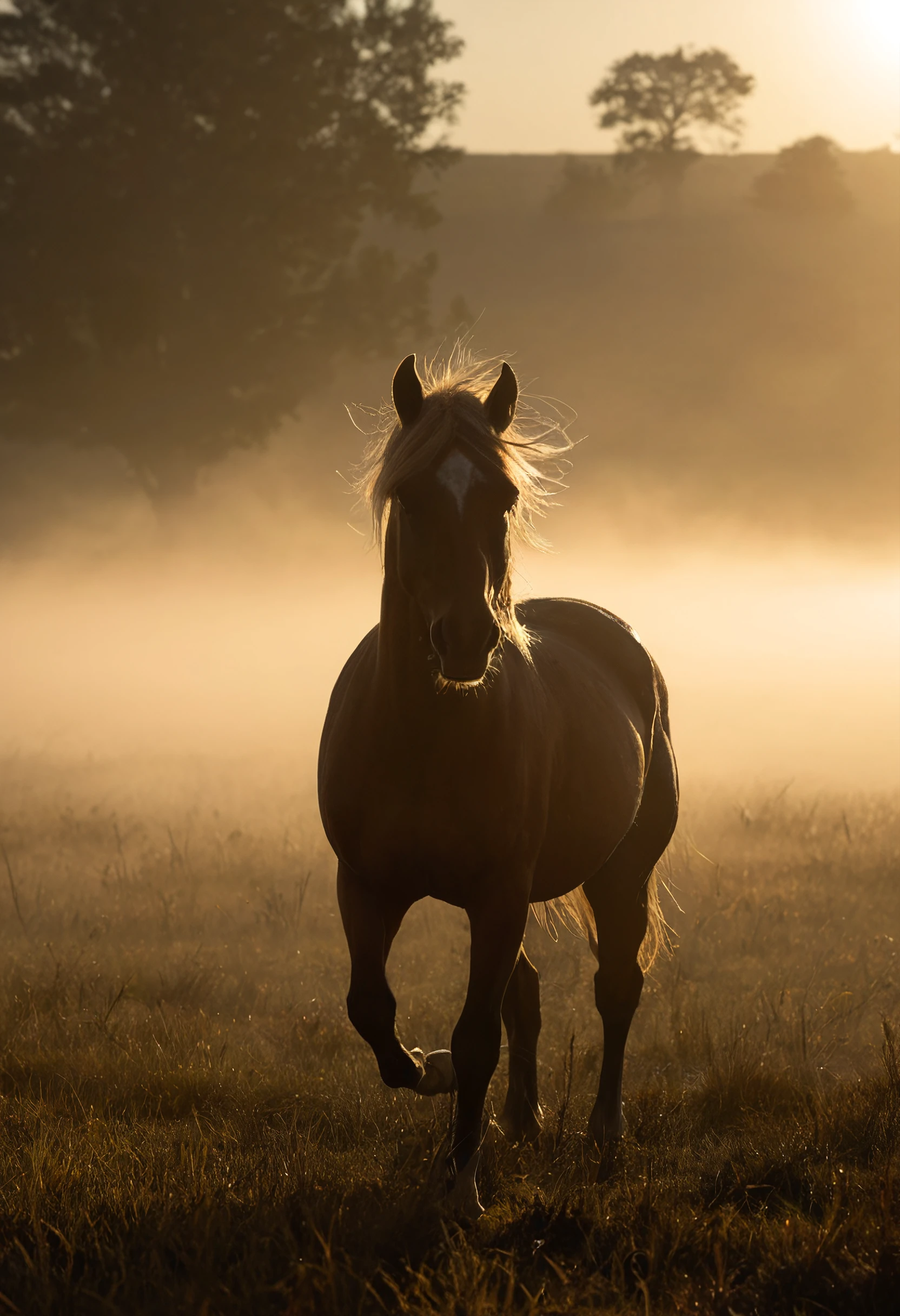 lone horse running through misty grassland, mane whipped by wind, early morning golden fog, dramatic silhouette against rising sun, nature's quiet roar, shallow depth and dreamy tone