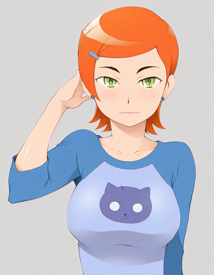 <lora:Miito_Shido_style_ILL:1> miito_shido <lora:GwenTennyson_rule34_ILL:1> gwendolyn_tennyson, 1girl, orange hair, green eyes, short hair, hair ornament