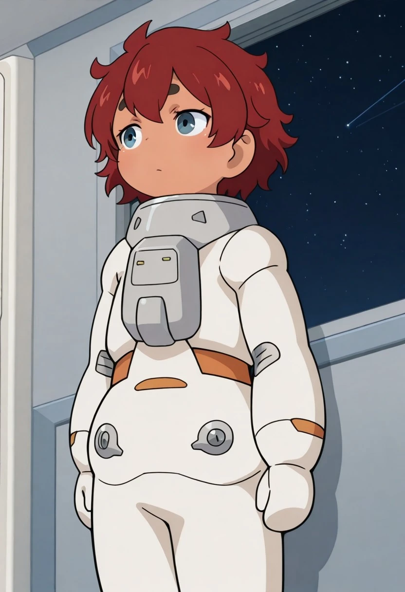 official art, masterpiece, best quality, absurdres, 1girl, female focus, solo, msgwfmes, dark-skinned female, red hair, short hair, blue eyes, spacesuit, mittens, standing, star (sky), indoors,