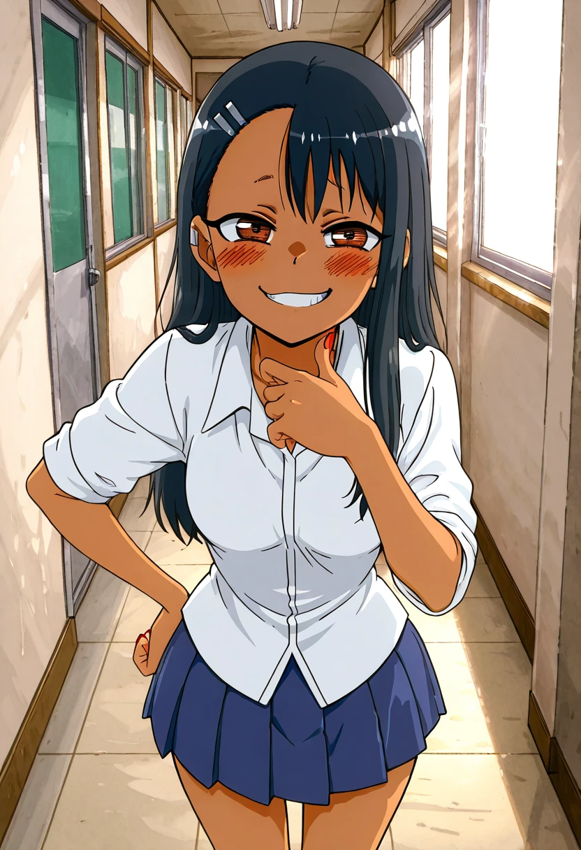 masterpiece, best quality, medium breasts, (curvy),    <lora:NagatoroNAI:0.8>,  zzNagatoro, skirt, shirt, school uniform, white shirt, pleated skirt, nail polish, blue skirt, red nails, earclip, school hallway, bright sunlight, smug expression, playful pose, warm atmosphere â Nagatoro leans casually against the lockers in the sunlit school hallway, her red-painted nails tapping rhythmically against the metal surface. The bright afternoon light filters through the windows, casting soft shadows across her neatly pressed blue pleated skirt and crisp white shirt. A mischievous smirk plays on her lips as she tilts her head, her earclip glinting slightly with the movement. With one hand on her hip, she leans forward just slightly, her teasing gaze locked onto her targetâready to pounce on their reaction with her signature playful banter.