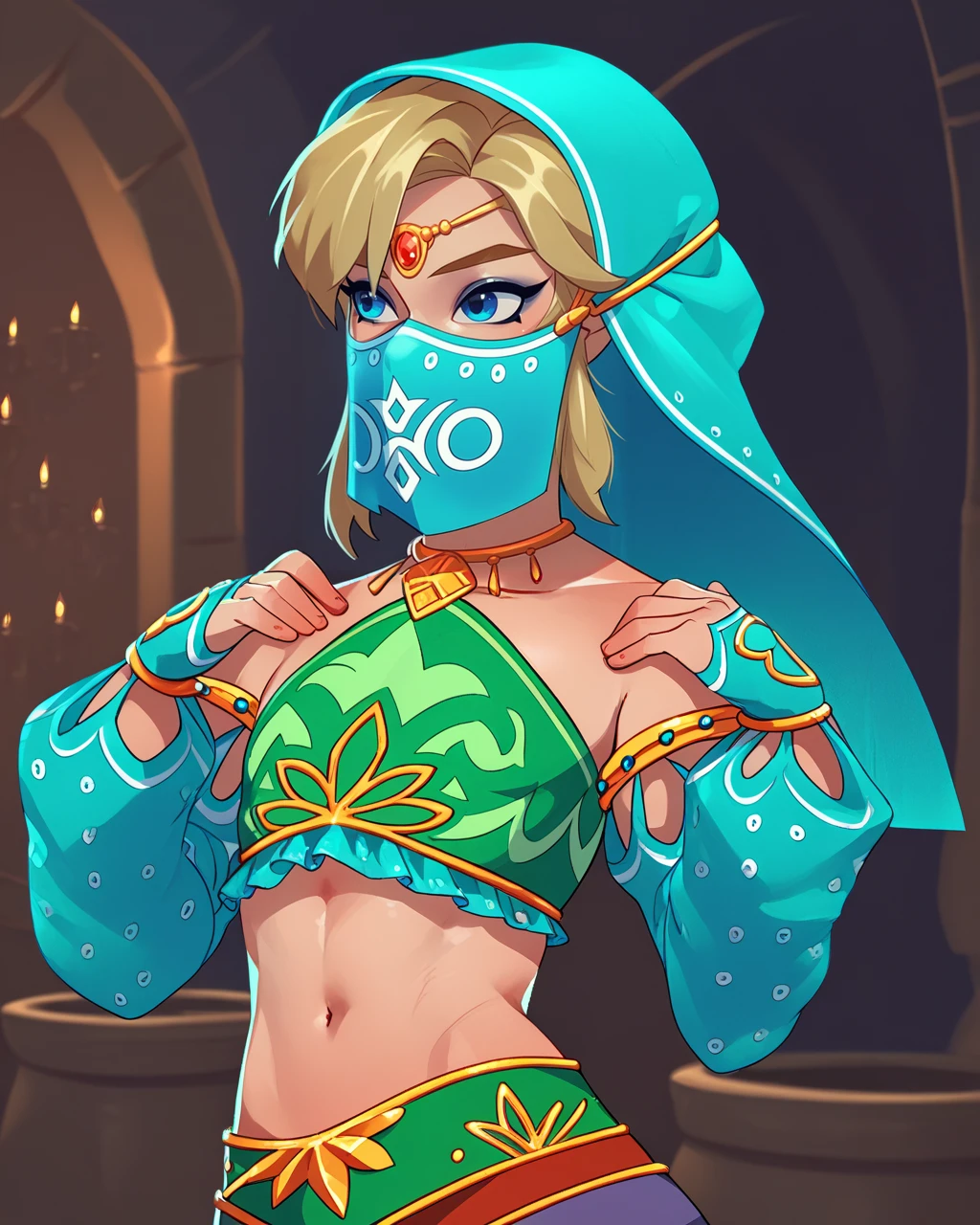 score_9,score_8_up,score_7_up,score_6_up,score_5_up,score_4_up,
linkfbxl,blond hair,blue eyes,makeup,
veil,detached sleeves,crop top,jewelry,midriff,cowl,
standing,purple pants,upper body,
solo,indoors,
tavern,<lora:LinkFbxl:1>,