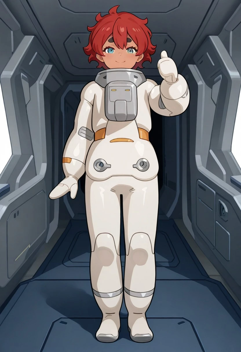 official art, masterpiece, best quality, absurdres, 1girl, female focus, solo, msgwfmes, dark-skinned female, red hair, short hair, thick eyebrows, mismatched eyebrows, spacesuit, mittens, standing, indoors, spacecraft interior, full body, looking at viewer, thumbs up, facing viewer,