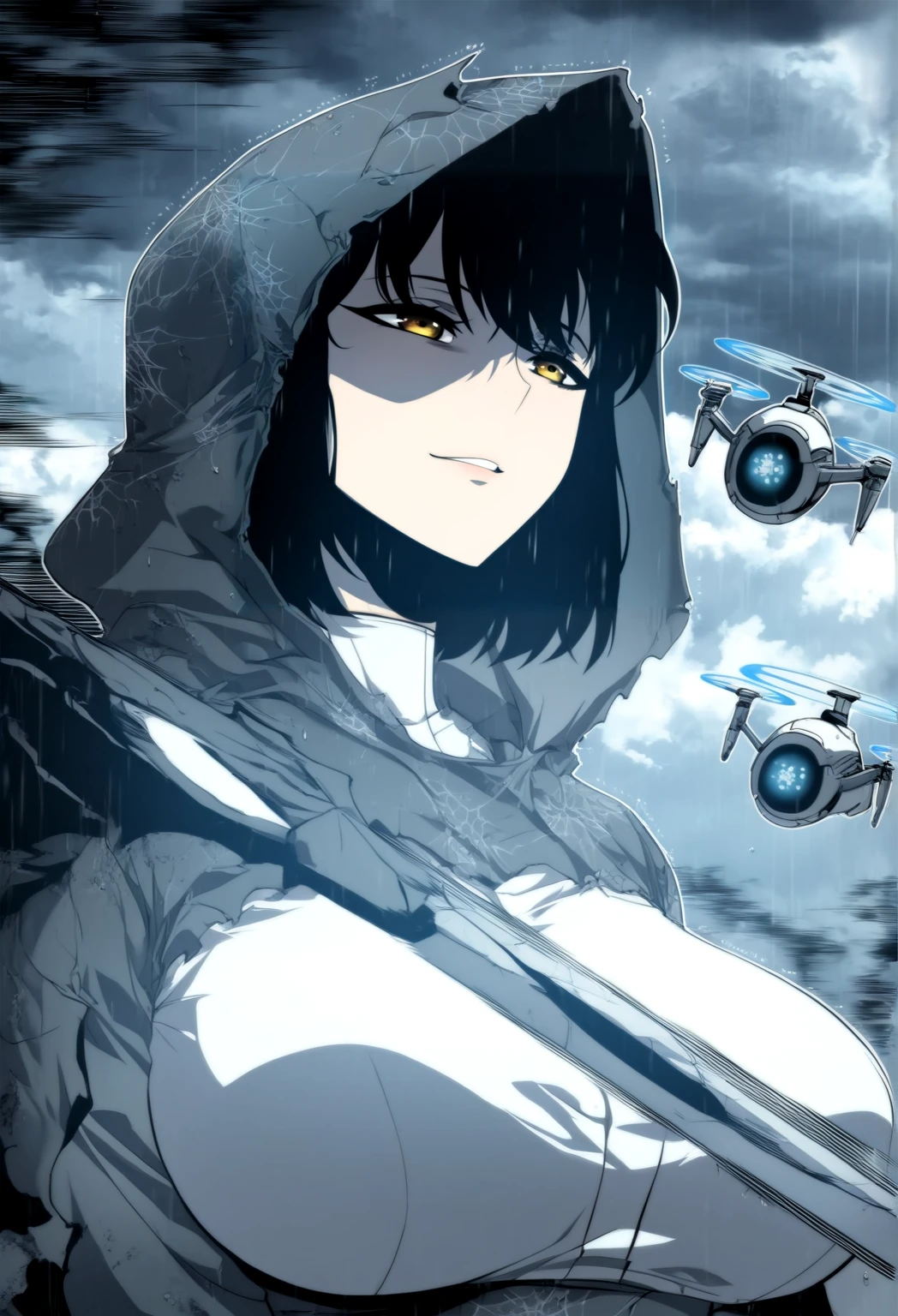 1girl, drone footage, aerial tracking shot of a warbride, widowed, sword wrapped in matrimonial silk, __face__, voluminous blowout, glamorous, full, broad-shouldered, strong upper body, balanced frame with soft breasts
 pulling hood up, protecting from rain, mysterious air,  __face__
fill light, cloudy sky, gray tones, soft light, calm breeze, peaceful mood, overlapping images, comic style, anime, outline, speed lines, frames, gutter, manhwa
HDR, masterpiece, best quality, aesthetic, high contrast, focused subject, spot color
[VAR] <lora:SH_Sololvl_Style_v2-000006:1> sololvl_style