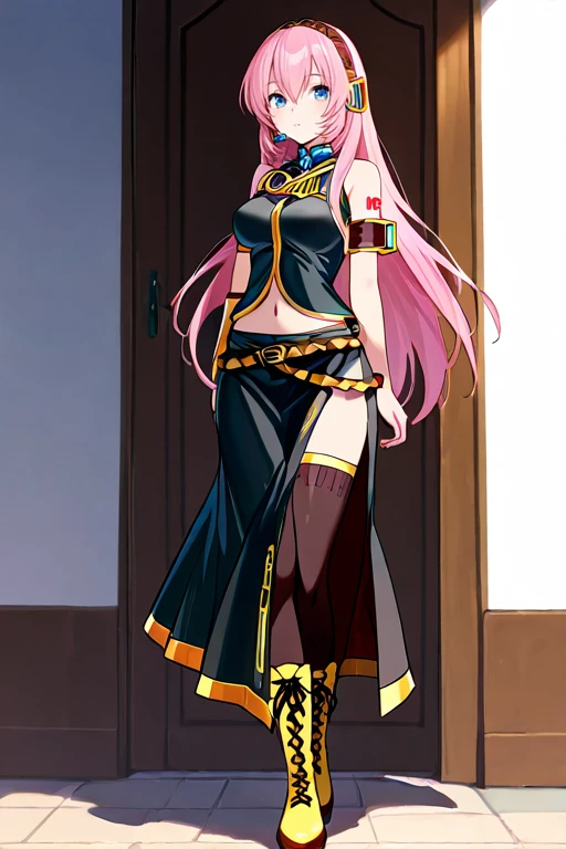 masterpiece, High quality, Ultra detailed, 2d, newest, absurdres, highres, BREAK
1girl, solo, <lora:megurine_luka_r1:0.8>, megurine_luka, long hair, pink hair, hair between eyes, blue eyes, headset, headphones, shoulder Number tattoo,
medium breasts, luka03def, bare shoulders, black shirt, detached sleeves, Single_armwear, armband, navel, belt, long skirt, black skirt, side slit, black thighhighs, cross-laced footwear,
standing, full body,