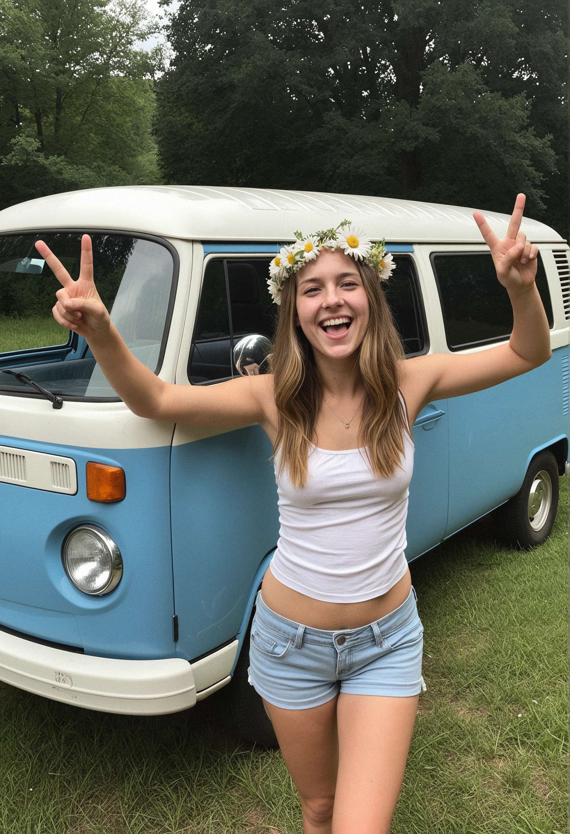 free-spirited 25 year old with a flower crown in her hair, leaning against a Volkswagen bus with a peace sign painted on the side, laughing with her friends and enjoying the warm summer breeze
