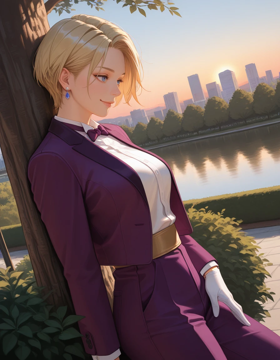 <lora:IL_KOFKing_t1-42-64:1.0>, 1girl, KOFKing, short hair, blonde hair, jewelry, earrings, blue eyes, breasts, bow, bowtie, formal, suit, purple jacket, gloves, purple pants, [sash::0.2]
, smile, leaning against tree, from side, close-up, dynamic angle, sunset, golden hour, outdoors, city park, trees, bushes, lake
,[3d::0.20], masterpiece, realistic, [watercolor \(medium\):0.6], [painting \(medium\):0.05]
