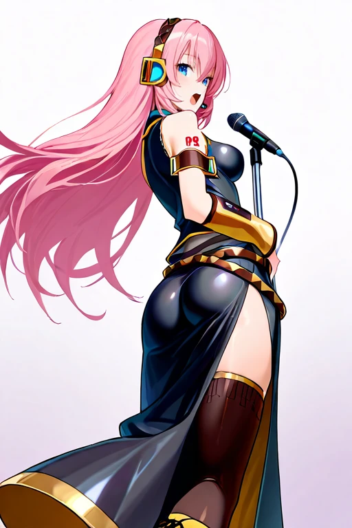 masterpiece, High quality, Ultra detailed, 2d, newest, absurdres, highres, BREAK
1girl, solo, <lora:megurine_luka_r1:0.8>, megurine_luka, long hair, pink hair, hair between eyes, blue eyes, headset, headphones, tattoo, shoulder tattoo, number tattoo,
medium breasts, luka03def, bare shoulders, black shirt, detached sleeves, armband, single elbow glove, belt, long skirt, black skirt, side slit, black thighhighs, cross-laced footwear,
singing, open mouth, Microphone, microphone stand, looking at viewer, from behind,